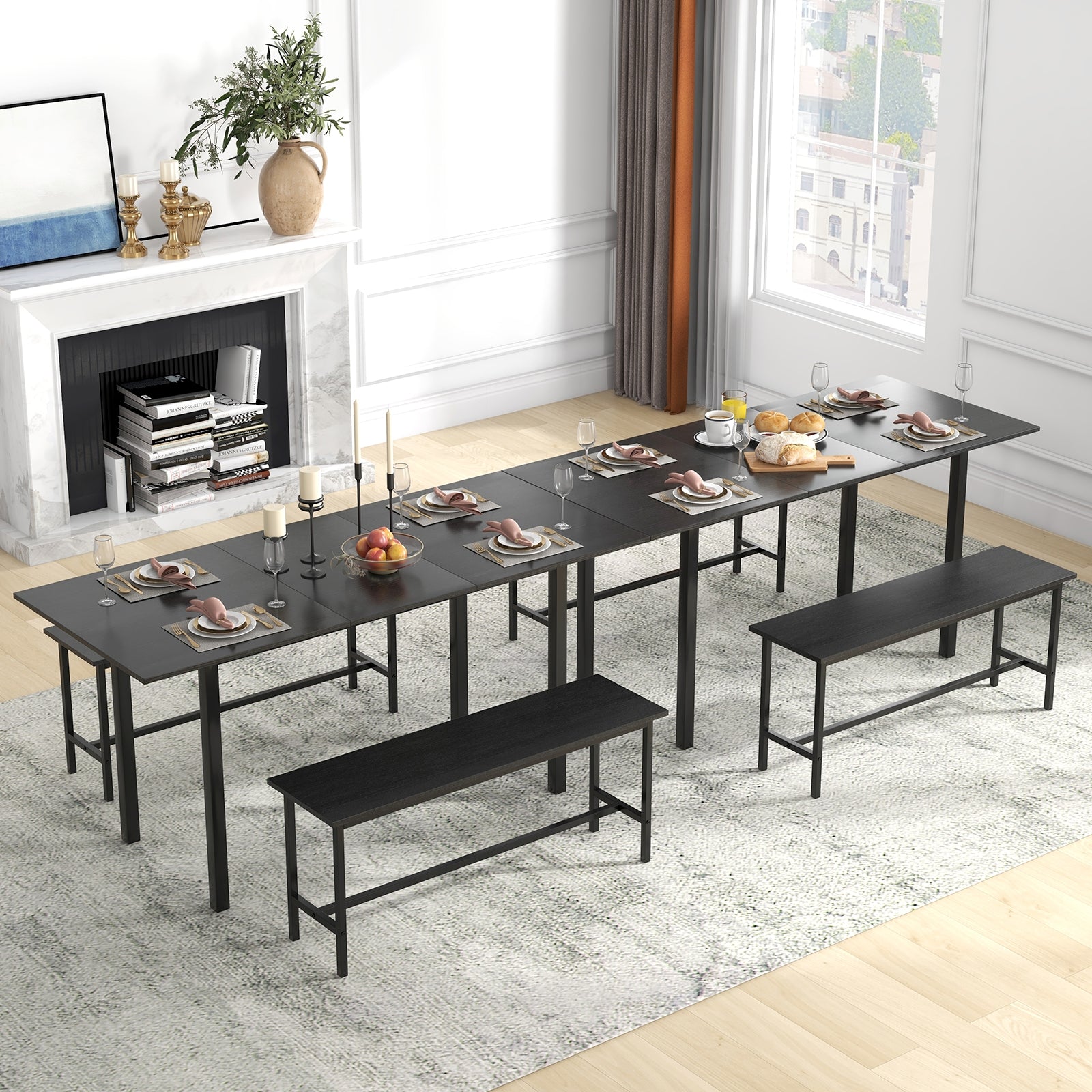 3 Piece Dining Table Set for 4-6 with 2 Benches, Black Dining Room Sets at Gallery Canada