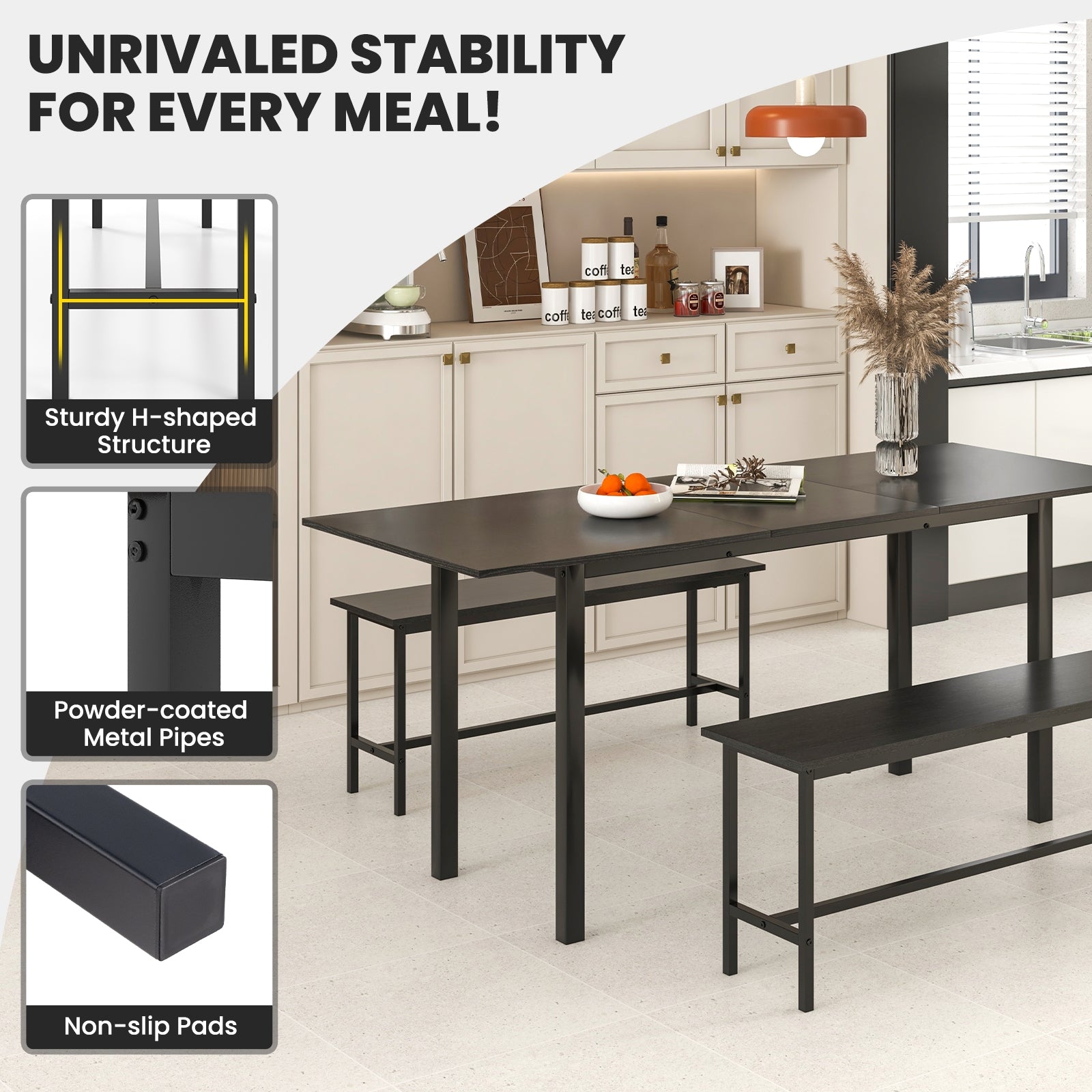 3 Piece Dining Table Set for 4-6 with 2 Benches, Black Dining Room Sets at Gallery Canada