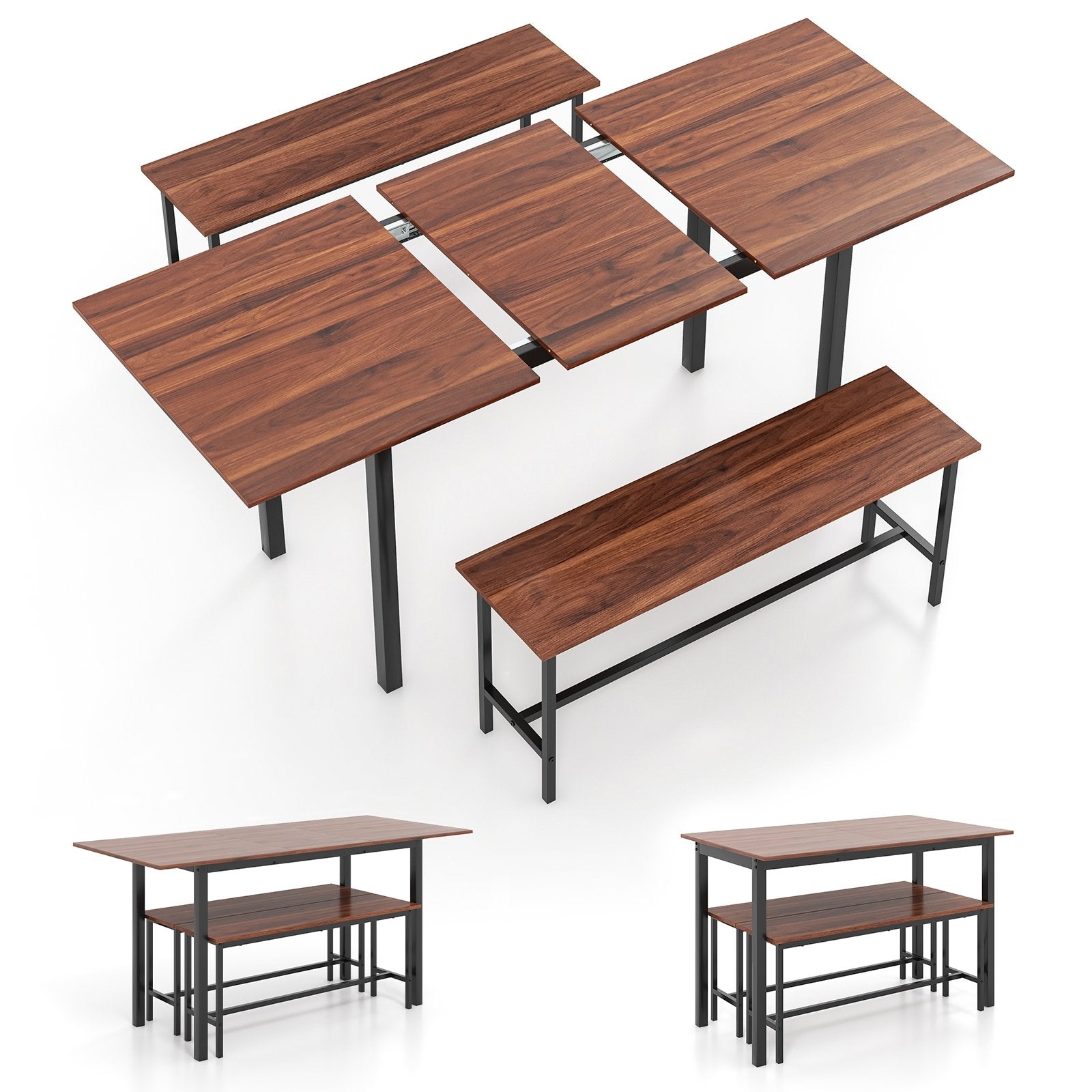 3 Piece Dining Table Set for 4-6 with 2 Benches, Walnut Dining Room Sets Walnut at Gallery Canada