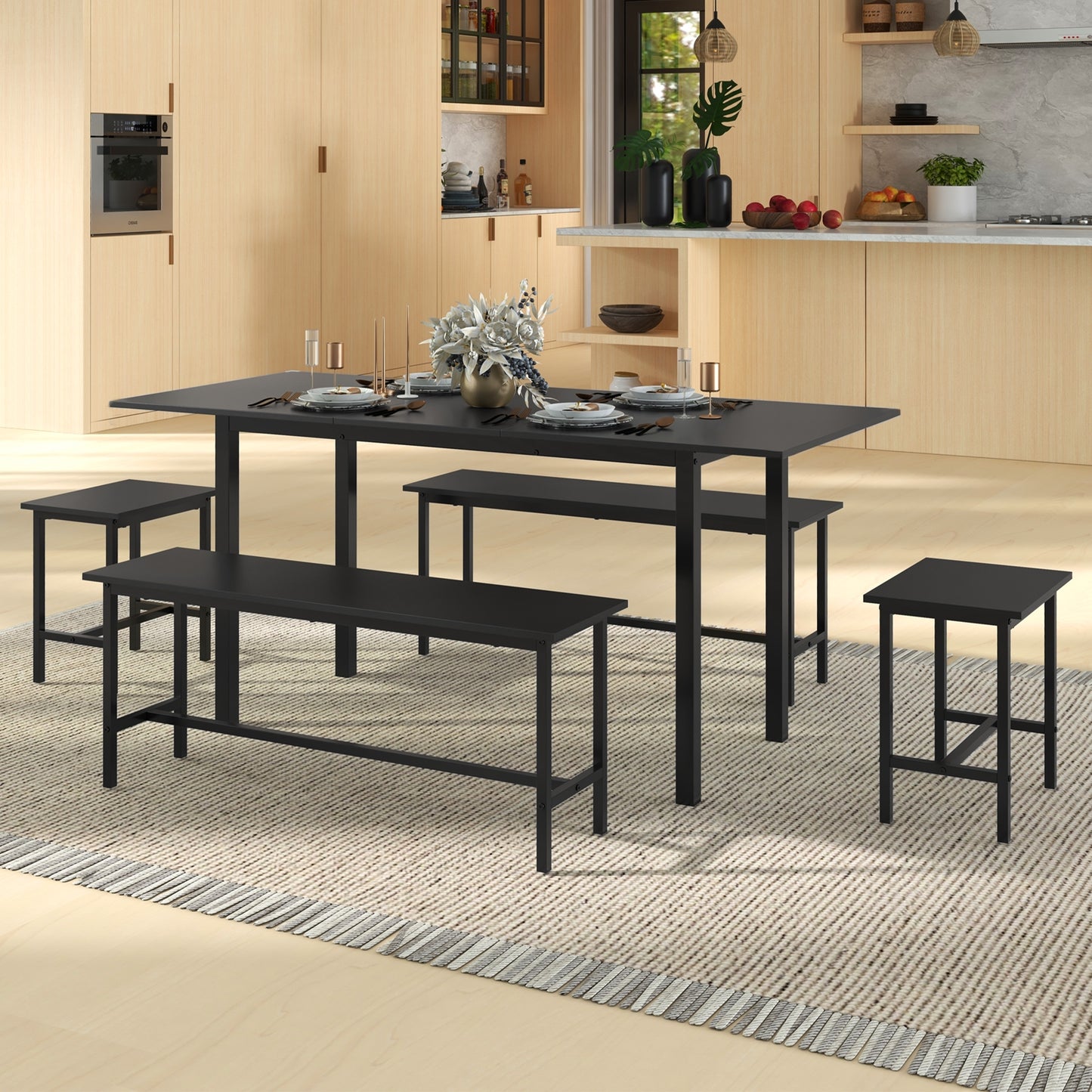 5 Piece Dining Table Set for 4-6 with 2 Benches & 2 Stools for Kitchen Dining Room, Black Dining Room Sets   at Gallery Canada