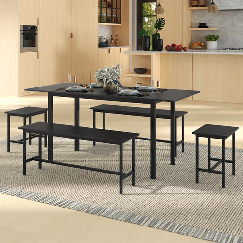 5 Piece Dining Table Set for 4-6 with 2 Benches & 2 Stools for Kitchen Dining Room, Black