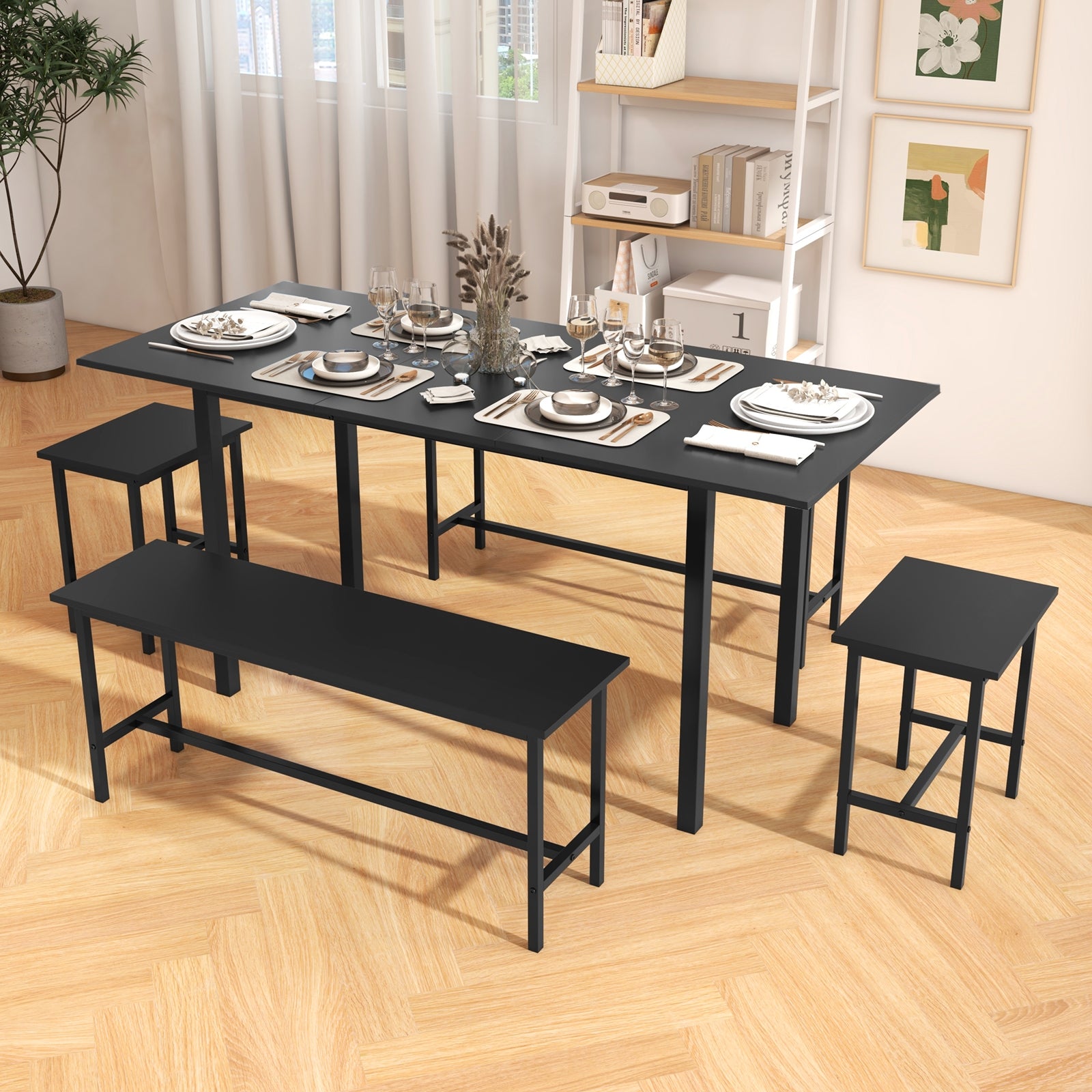 5 Piece Dining Table Set for 4-6 with 2 Benches & 2 Stools for Kitchen Dining Room, Black Dining Room Sets   at Gallery Canada