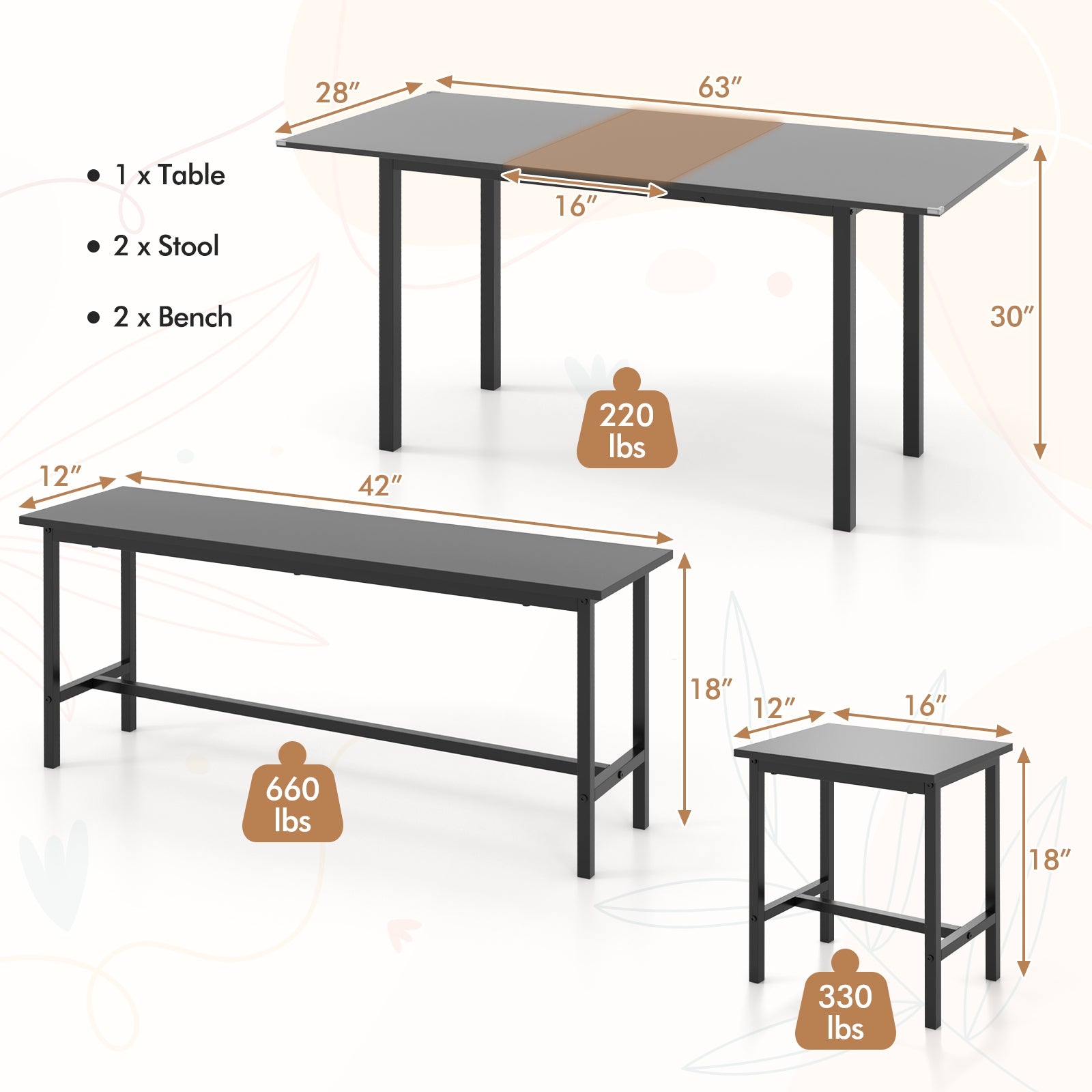 5 Piece Dining Table Set for 4-6 with 2 Benches & 2 Stools for Kitchen Dining Room, Black Dining Room Sets   at Gallery Canada