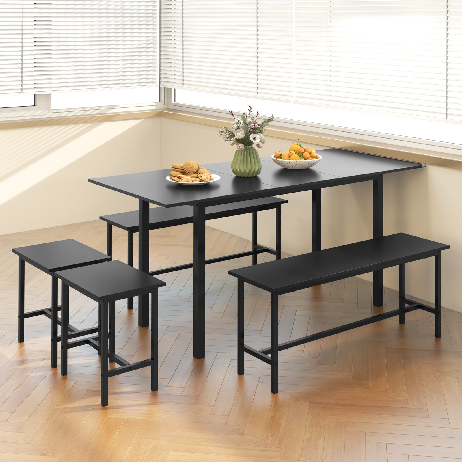 5 Piece Dining Table Set for 4-6 with 2 Benches & 2 Stools for Kitchen Dining Room, Black Dining Room Sets   at Gallery Canada