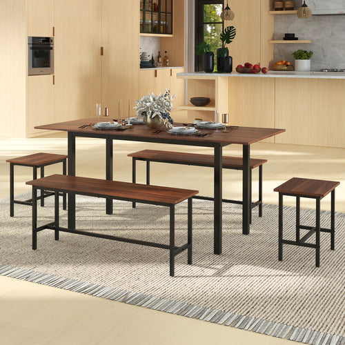 5 Piece Dining Table Set for 4-6 with 2 Benches & 2 Stools for Kitchen Dining Room, Walnut