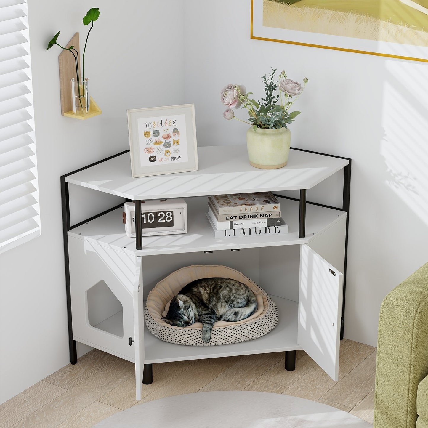 Corner Cat Litter Box Enclosure with Open Shelf 2 Entrances and Metal Legs, White Cat Houses   at Gallery Canada