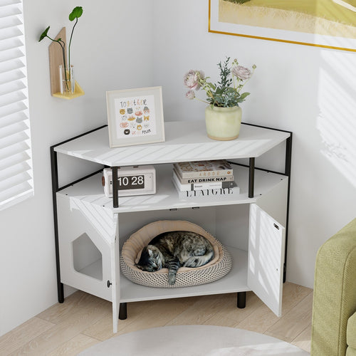 Corner Cat Litter Box Enclosure with Open Shelf 2 Entrances and Metal Legs, White