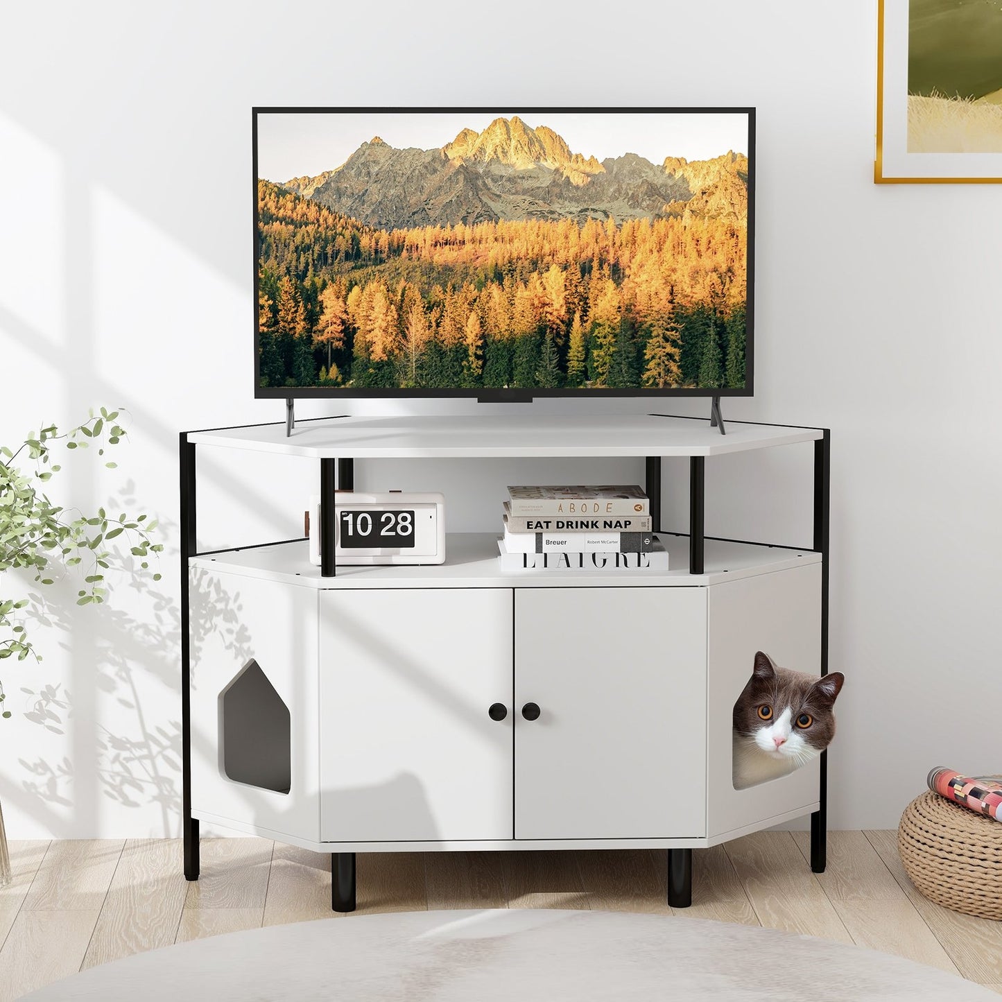 Corner Cat Litter Box Enclosure with Open Shelf 2 Entrances and Metal Legs, White Cat Houses   at Gallery Canada