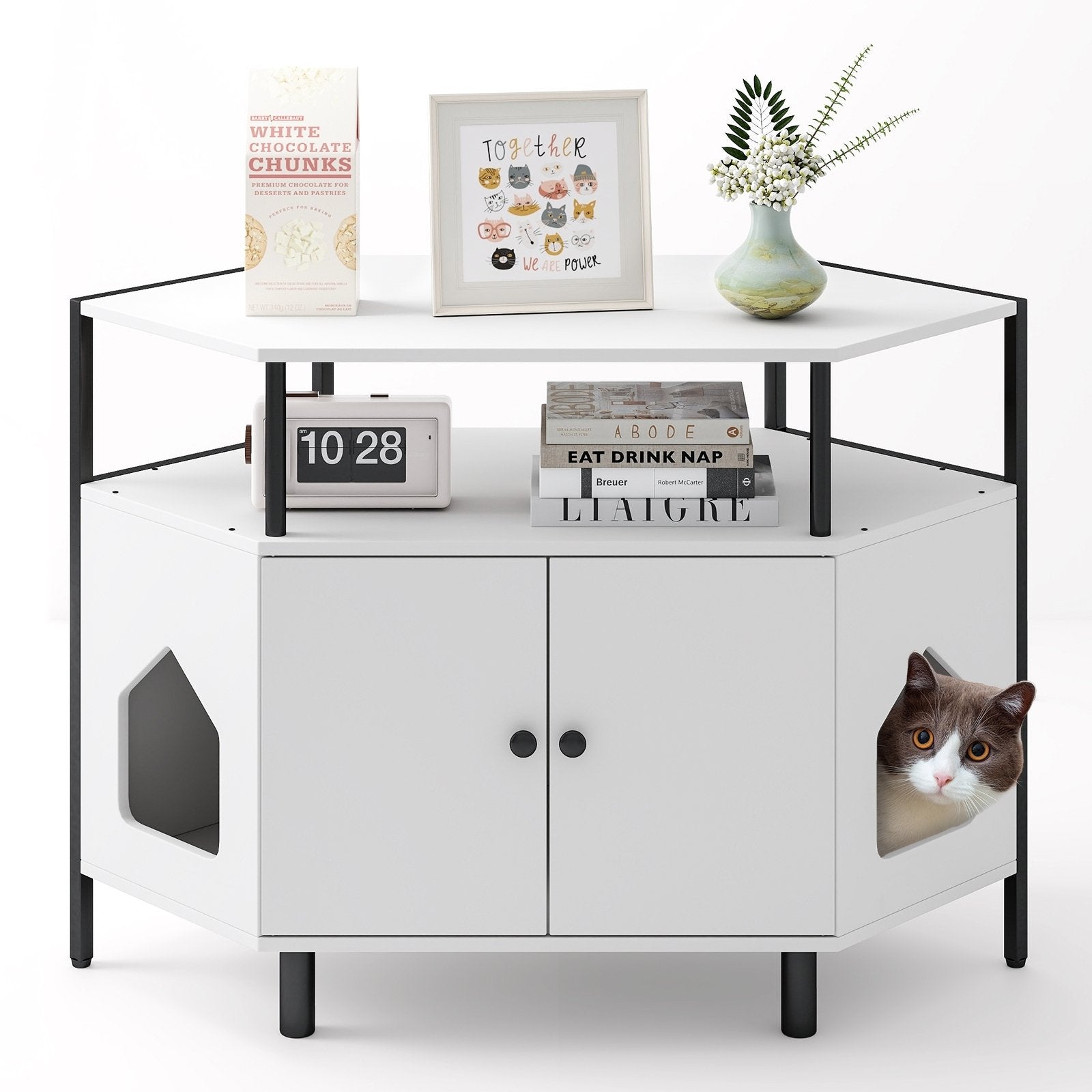 Corner Cat Litter Box Enclosure with Open Shelf 2 Entrances and Metal Legs, White Cat Houses White at Gallery Canada