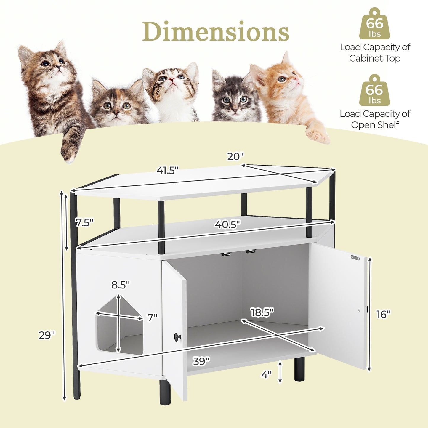 Corner Cat Litter Box Enclosure with Open Shelf 2 Entrances and Metal Legs, White Cat Houses   at Gallery Canada