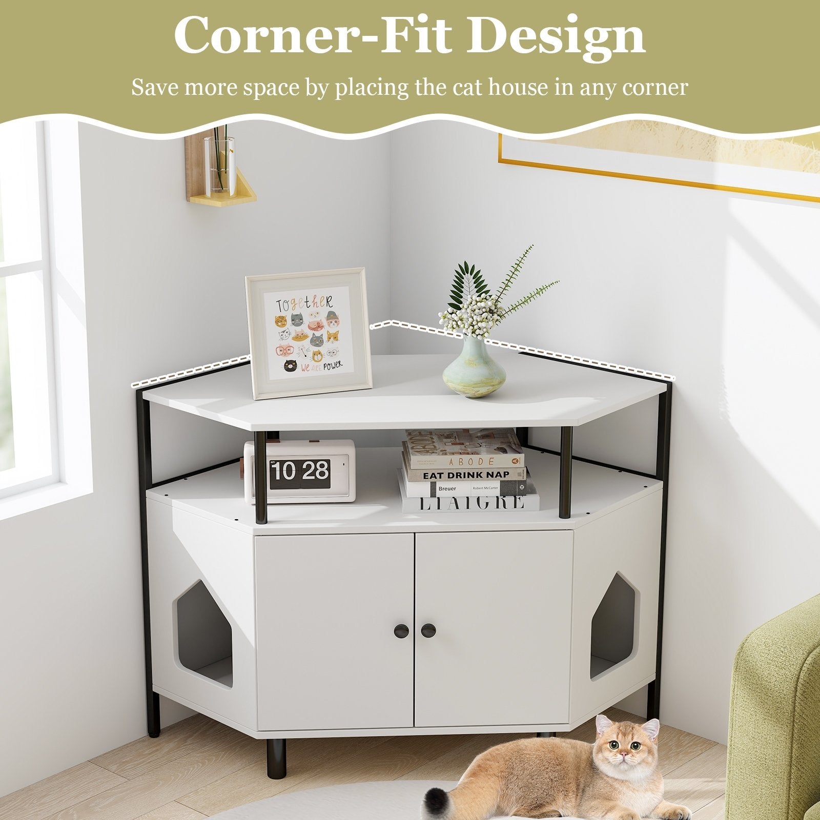 Corner Cat Litter Box Enclosure with Open Shelf 2 Entrances and Metal Legs, White Cat Houses   at Gallery Canada