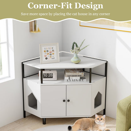 Corner Cat Litter Box Enclosure with Open Shelf 2 Entrances and Metal Legs, White Cat Houses   at Gallery Canada