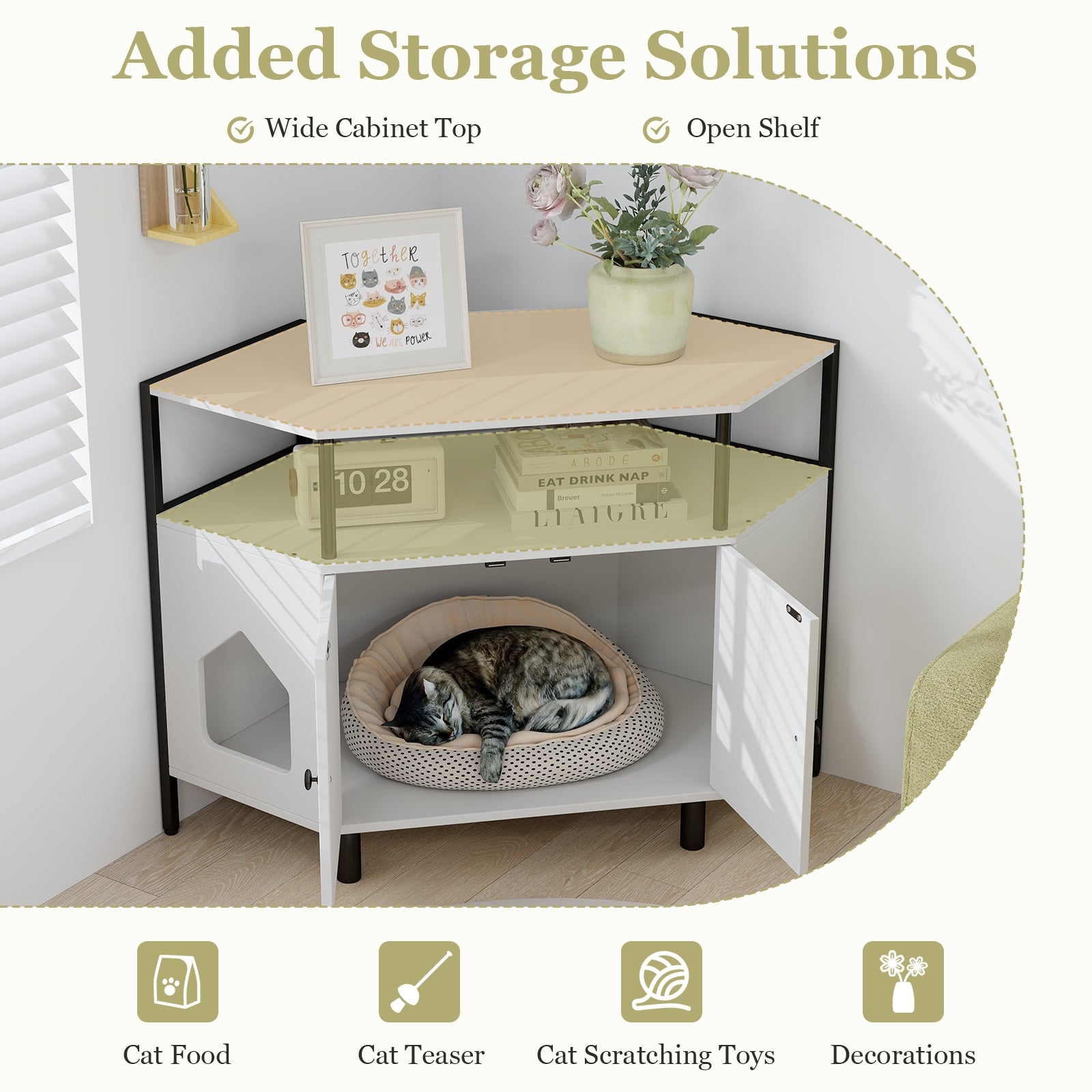 Corner Cat Litter Box Enclosure with Open Shelf 2 Entrances and Metal Legs, White Cat Houses   at Gallery Canada