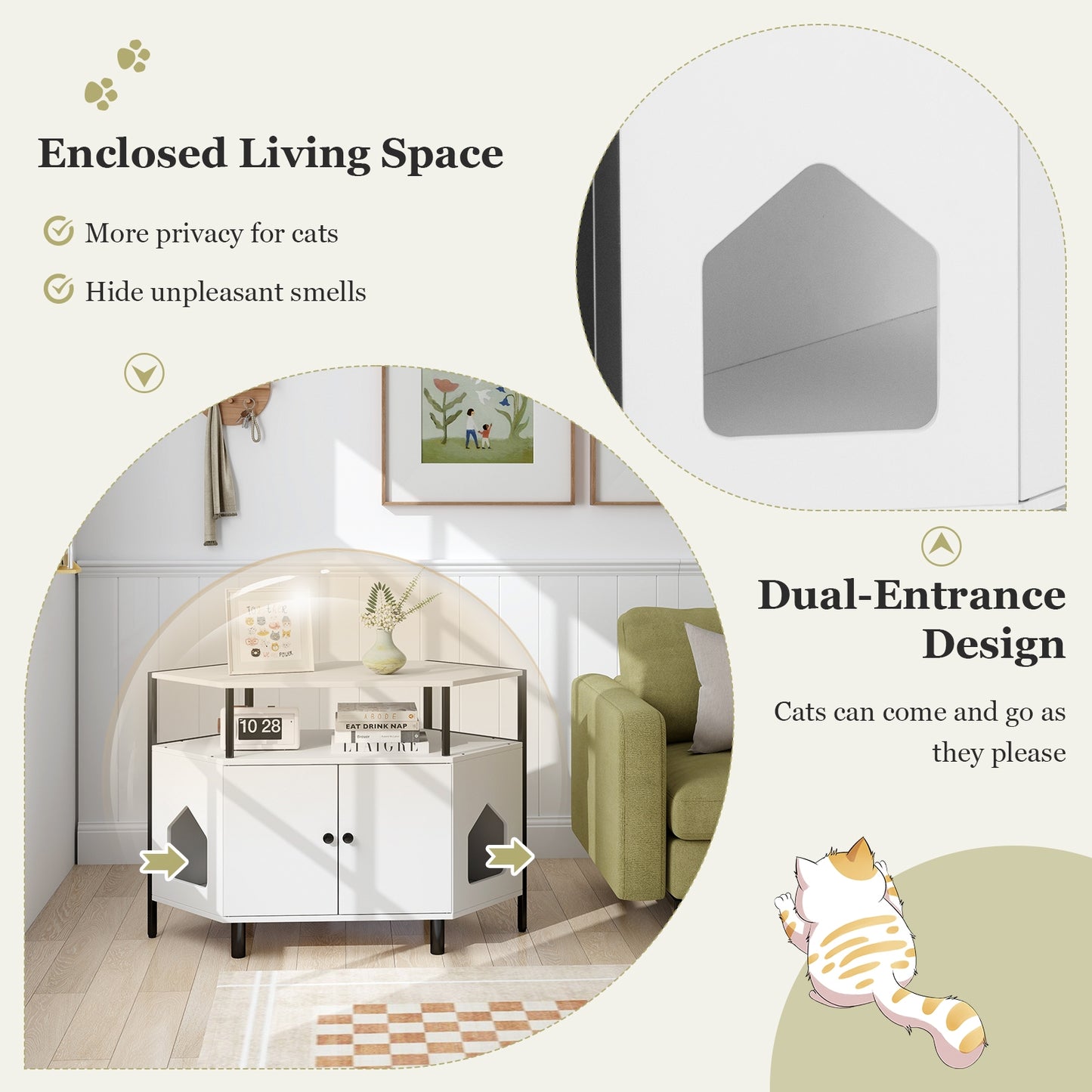 Corner Cat Litter Box Enclosure with Open Shelf 2 Entrances and Metal Legs, White Cat Houses   at Gallery Canada