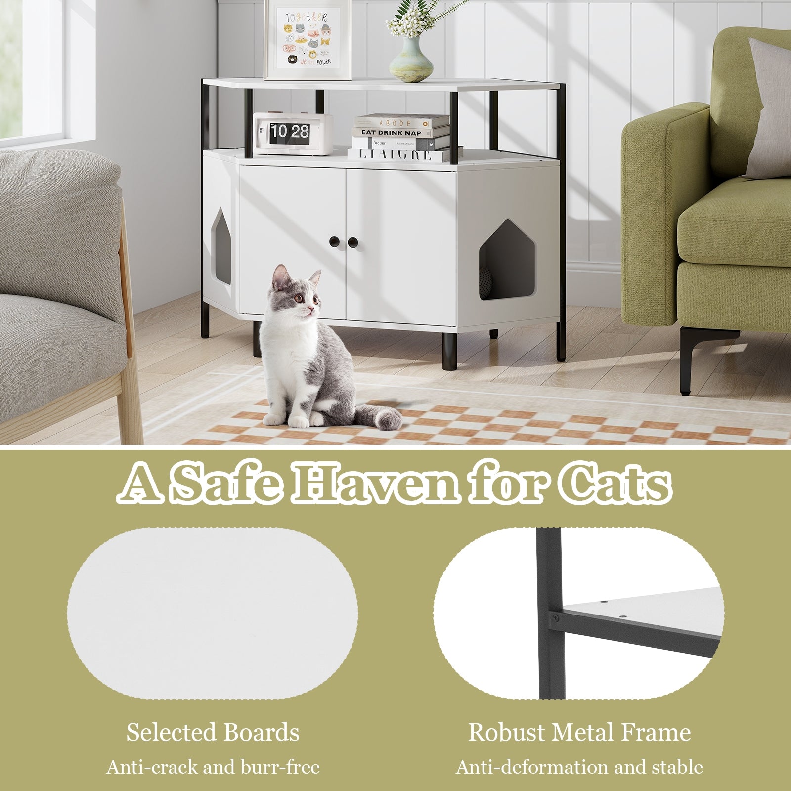 Corner Cat Litter Box Enclosure with Open Shelf 2 Entrances and Metal Legs, White Cat Houses   at Gallery Canada