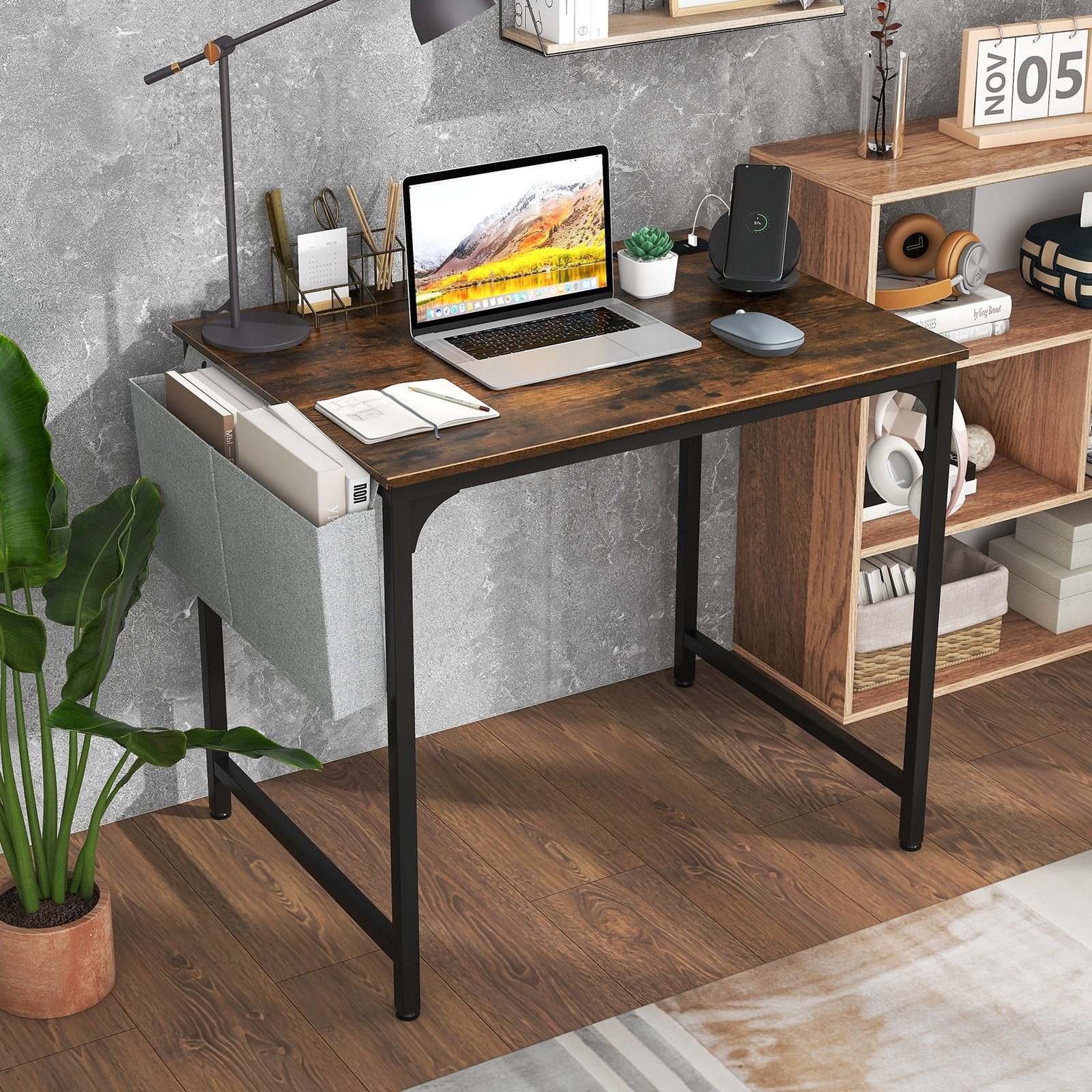 32 Inch Home Office Desk with Charging Station Storage Bag and Headphone Hook, Rustic Brown Computer Desks   at Gallery Canada