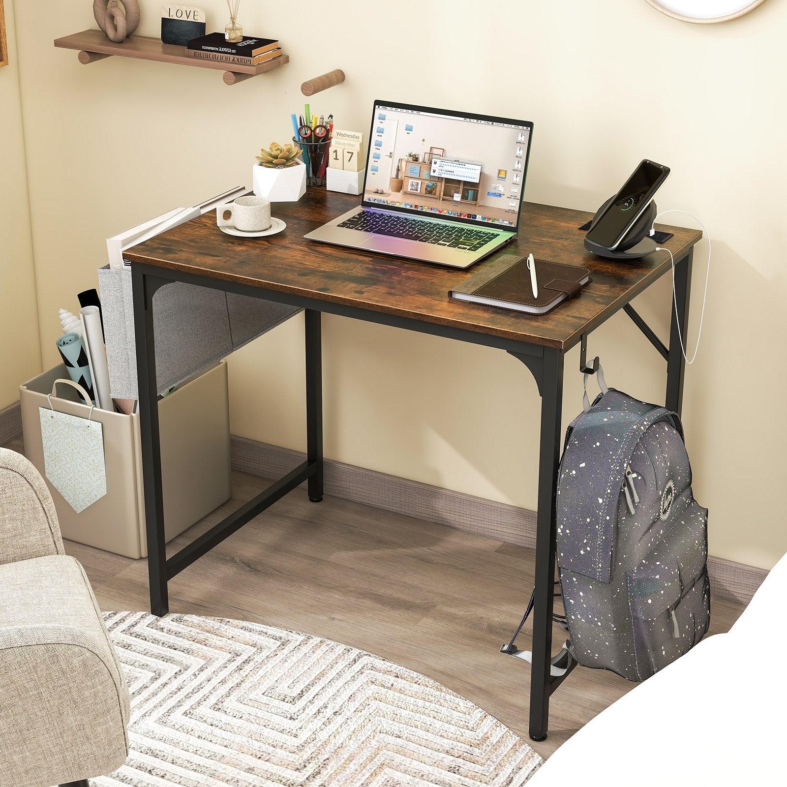 32 Inch Home Office Desk with Charging Station Storage Bag and Headphone Hook, Rustic Brown Computer Desks   at Gallery Canada