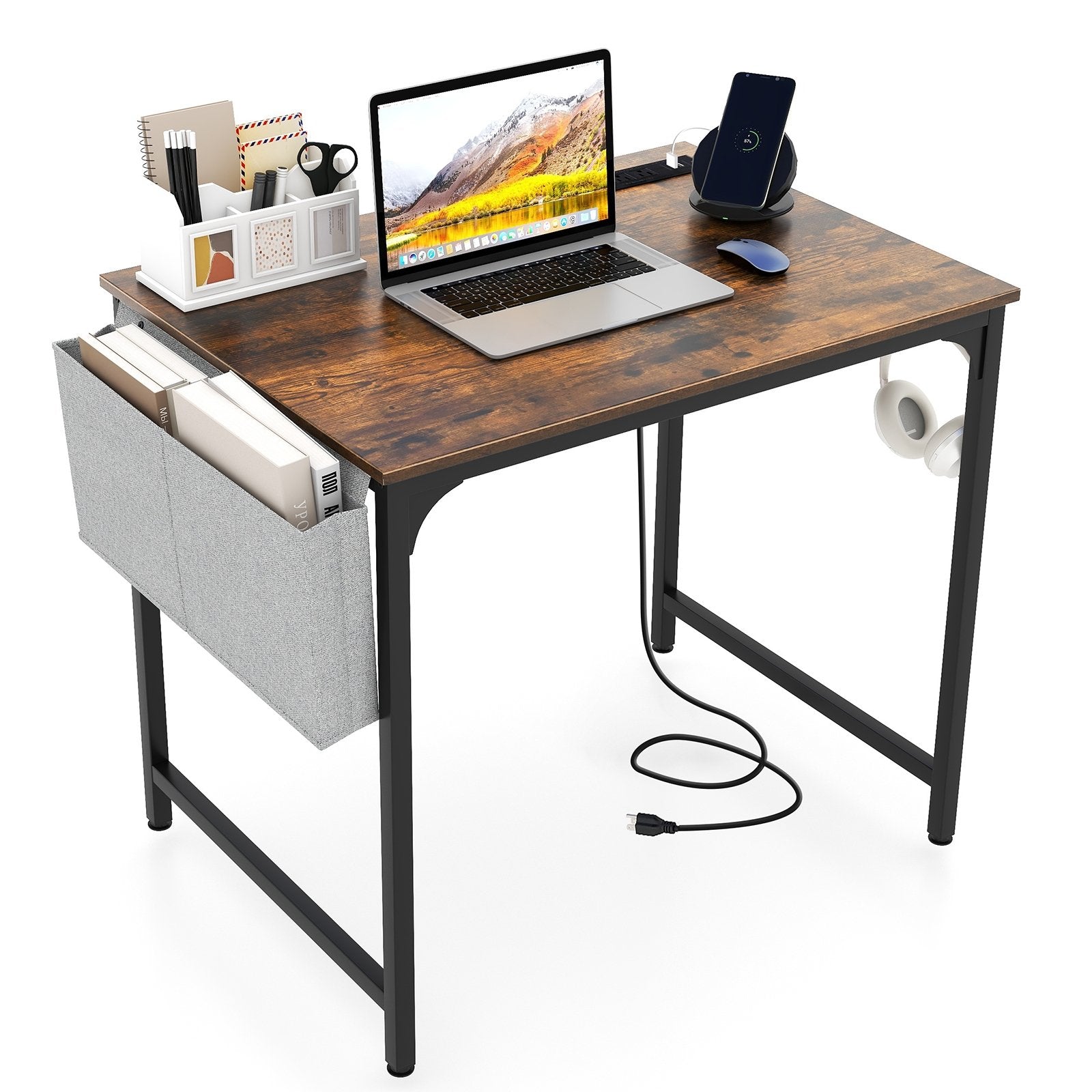 32 Inch Home Office Desk with Charging Station Storage Bag and Headphone Hook, Rustic Brown Computer Desks Rustic Brown  at Gallery Canada