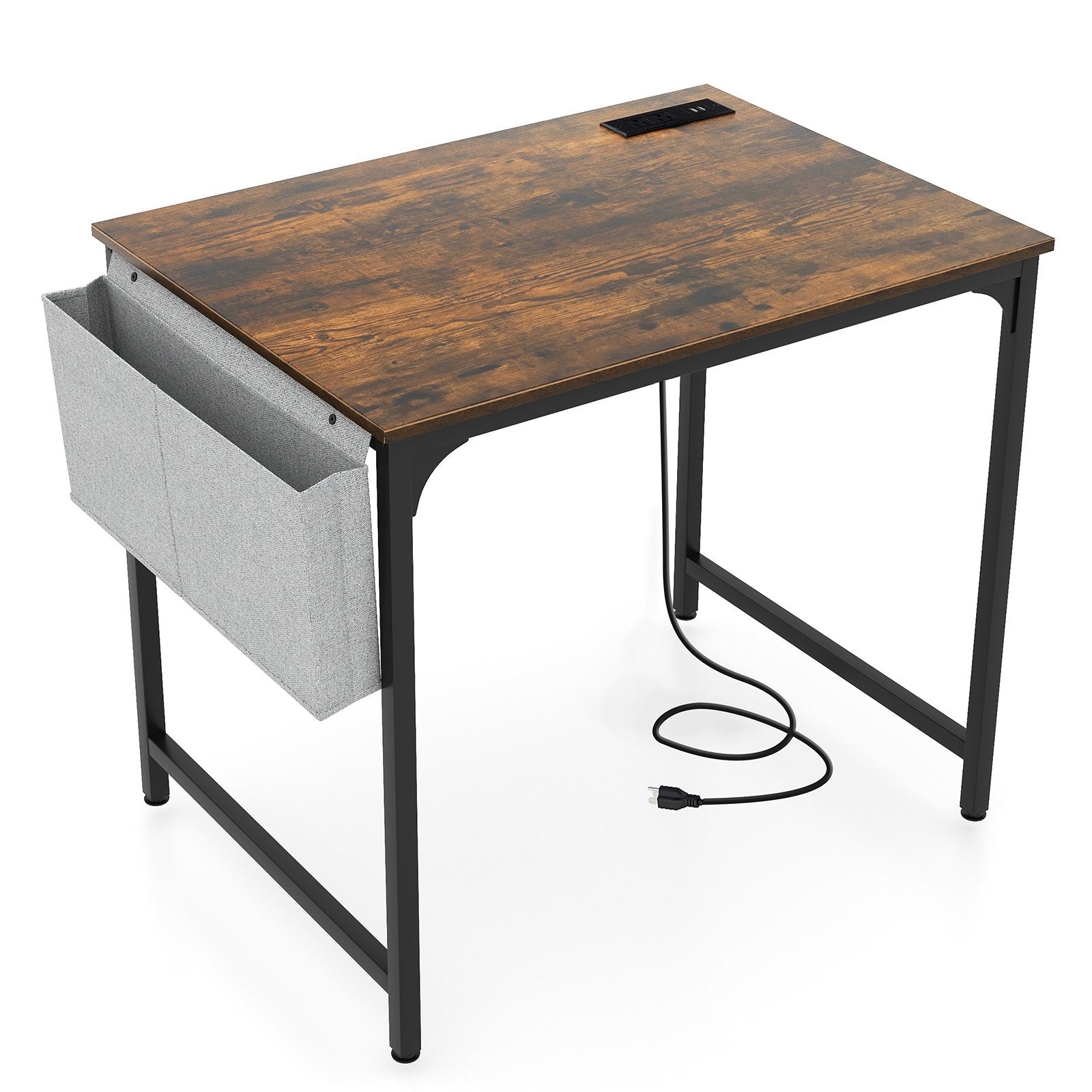 32 Inch Home Office Desk with Charging Station Storage Bag and Headphone Hook, Rustic Brown Computer Desks   at Gallery Canada