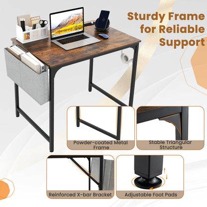 32 Inch Home Office Desk with Charging Station Storage Bag and Headphone Hook, Rustic Brown Computer Desks   at Gallery Canada