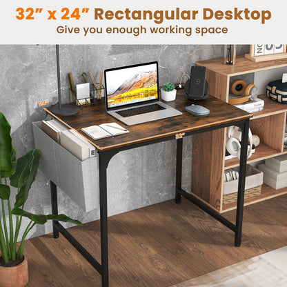 32 Inch Home Office Desk with Charging Station Storage Bag and Headphone Hook, Rustic Brown Computer Desks   at Gallery Canada