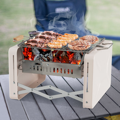 Folding Charcoal BBQ Grill with Dishwasher-safe Grill Grids and Charcoal Box, Beige