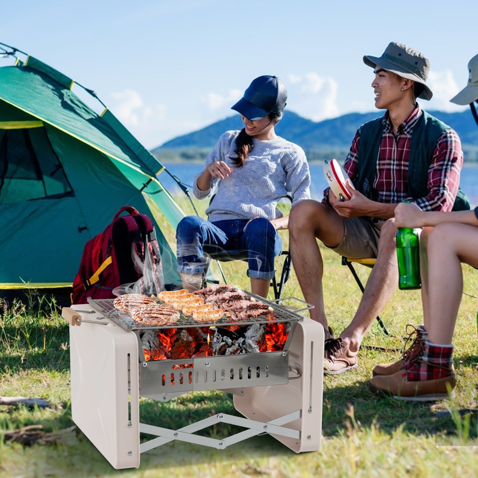 Folding Charcoal BBQ Grill with Dishwasher-safe Grill Grids and Charcoal Box, Beige Outdoor Grills   at Gallery Canada