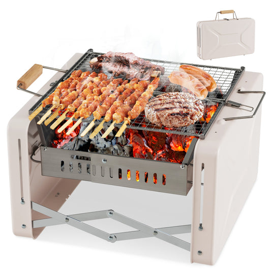 Folding Charcoal BBQ Grill with Dishwasher-safe Grill Grids and Charcoal Box, Beige - Gallery Canada