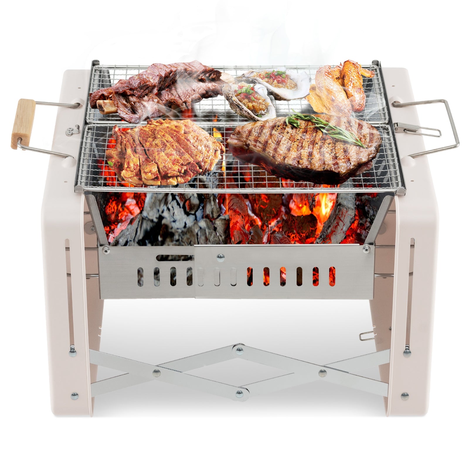 Folding Charcoal BBQ Grill with Dishwasher-safe Grill Grids and Charcoal Box, Beige Outdoor Grills   at Gallery Canada