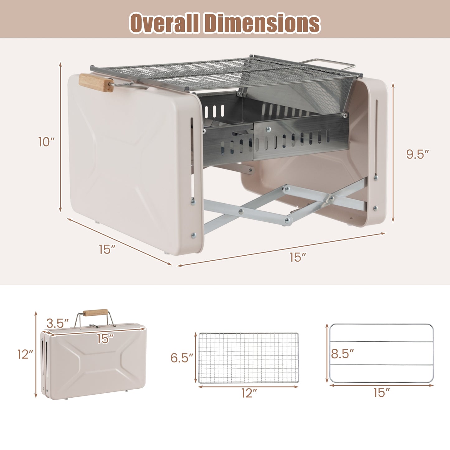 Folding Charcoal BBQ Grill with Dishwasher-safe Grill Grids and Charcoal Box, Beige Outdoor Grills   at Gallery Canada