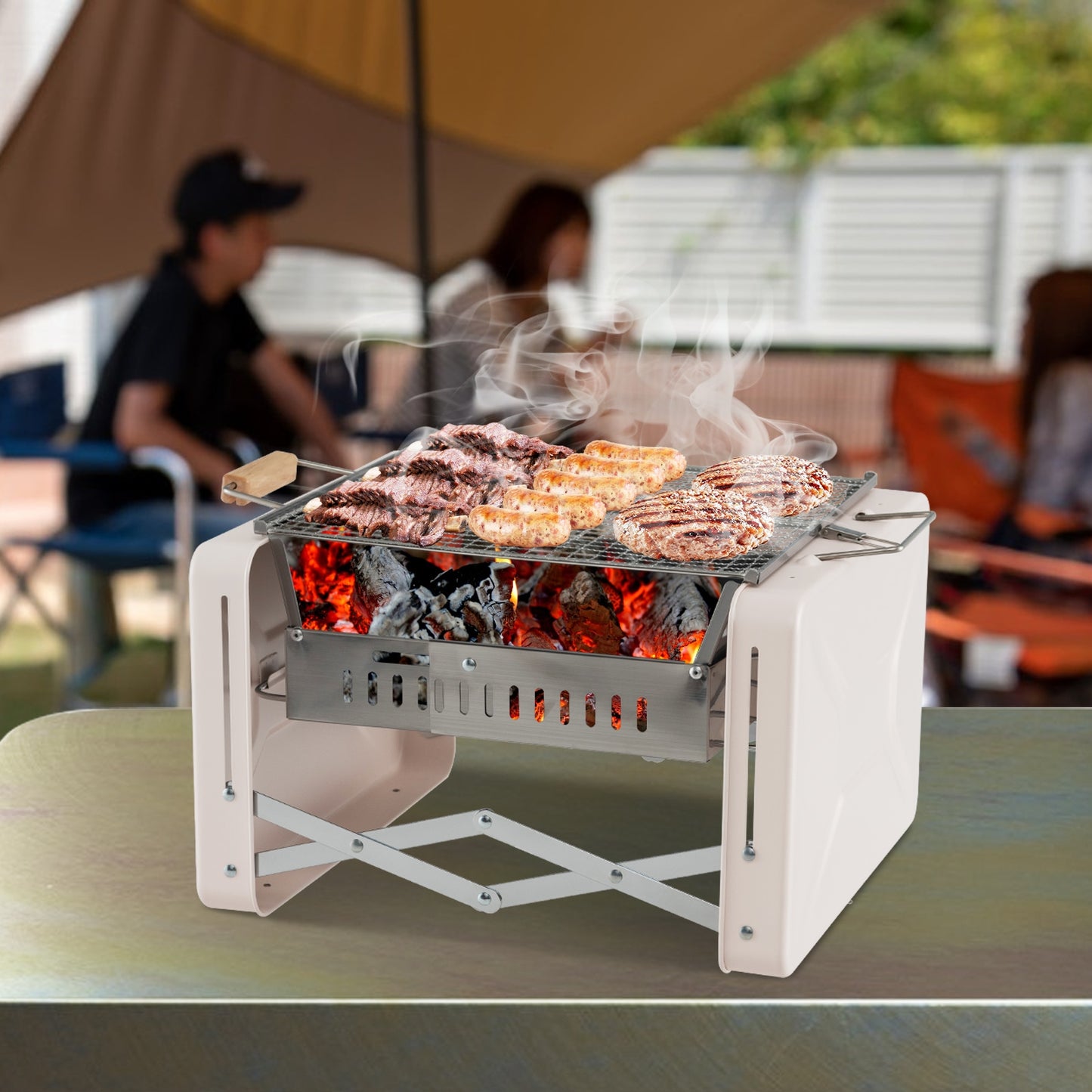 Folding Charcoal BBQ Grill with Dishwasher-safe Grill Grids and Charcoal Box, Beige Outdoor Grills   at Gallery Canada