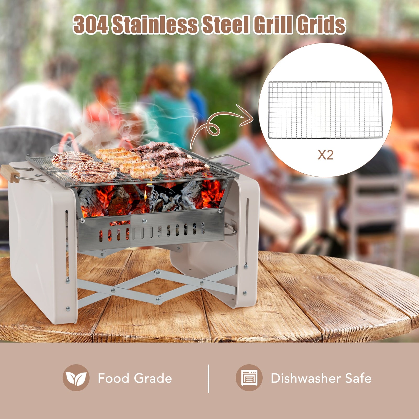 Folding Charcoal BBQ Grill with Dishwasher-safe Grill Grids and Charcoal Box, Beige Outdoor Grills   at Gallery Canada