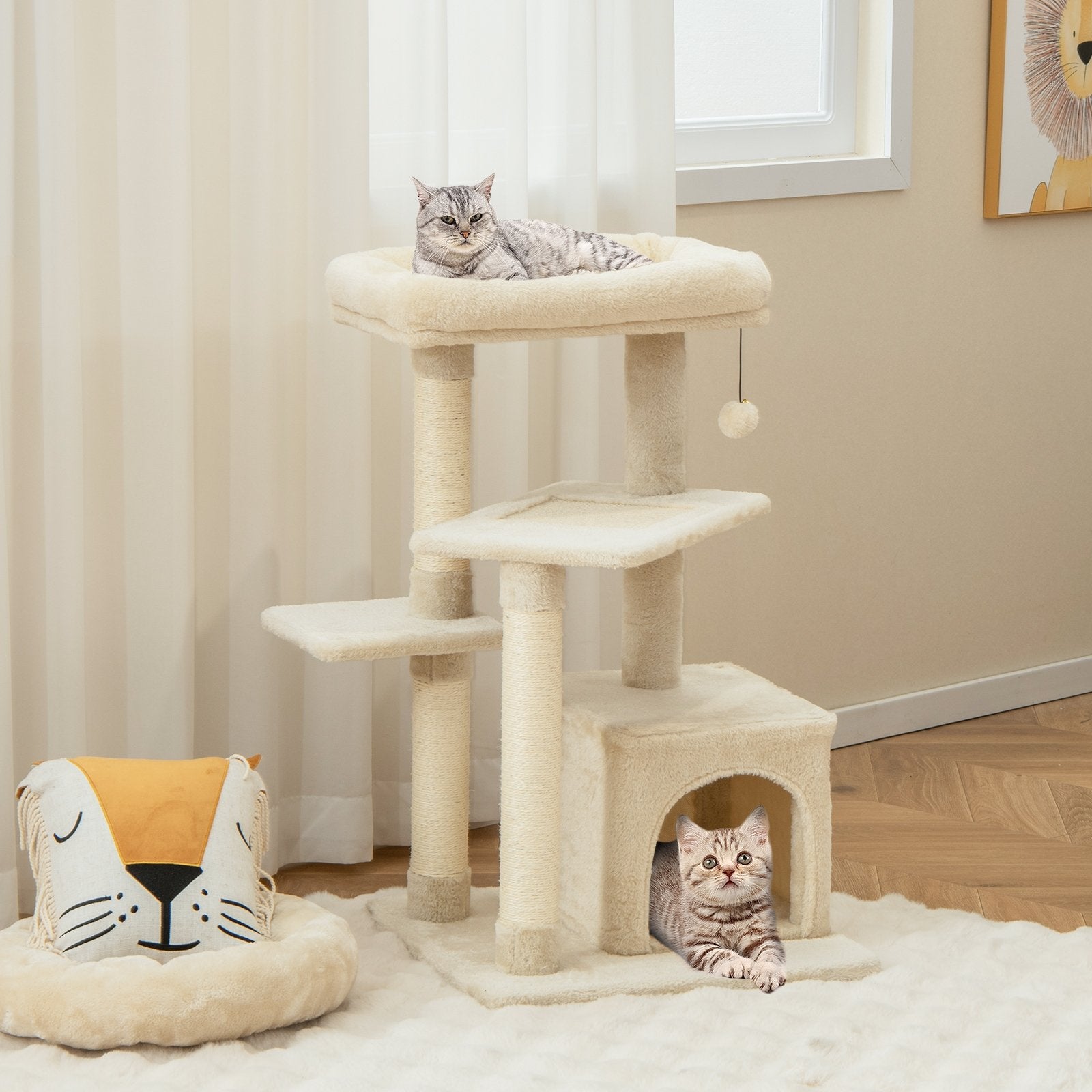 Multi-layer Cat Tree with Perch and Hanging Ball, Beige Cat Trees Condos & Scratchers   at Gallery Canada