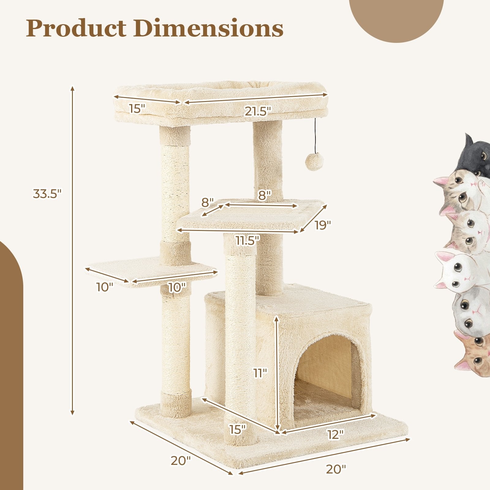 Multi-layer Cat Tree with Perch and Hanging Ball, Beige Cat Trees Condos & Scratchers   at Gallery Canada