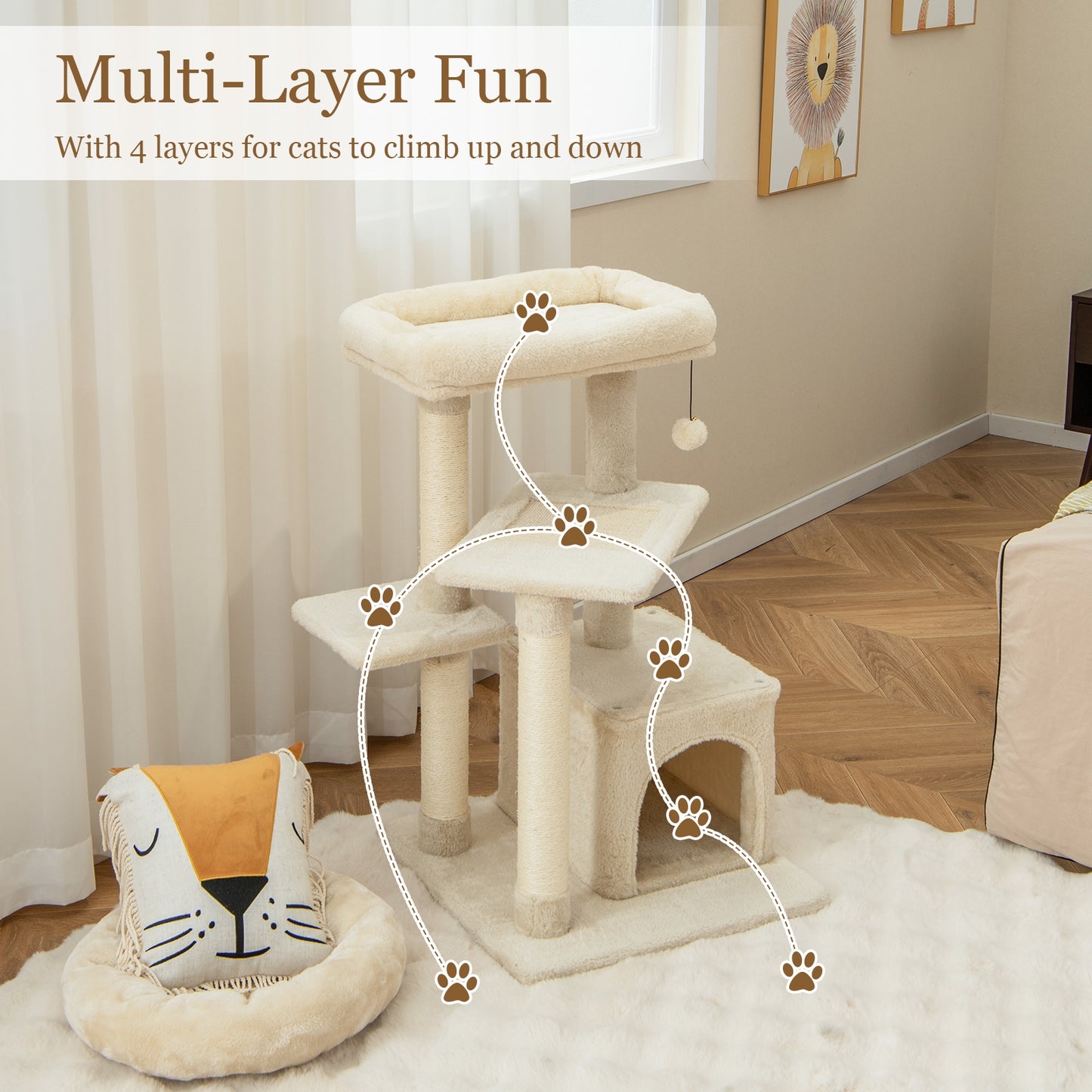 Multi-layer Cat Tree with Perch and Hanging Ball, Beige Cat Trees Condos & Scratchers   at Gallery Canada