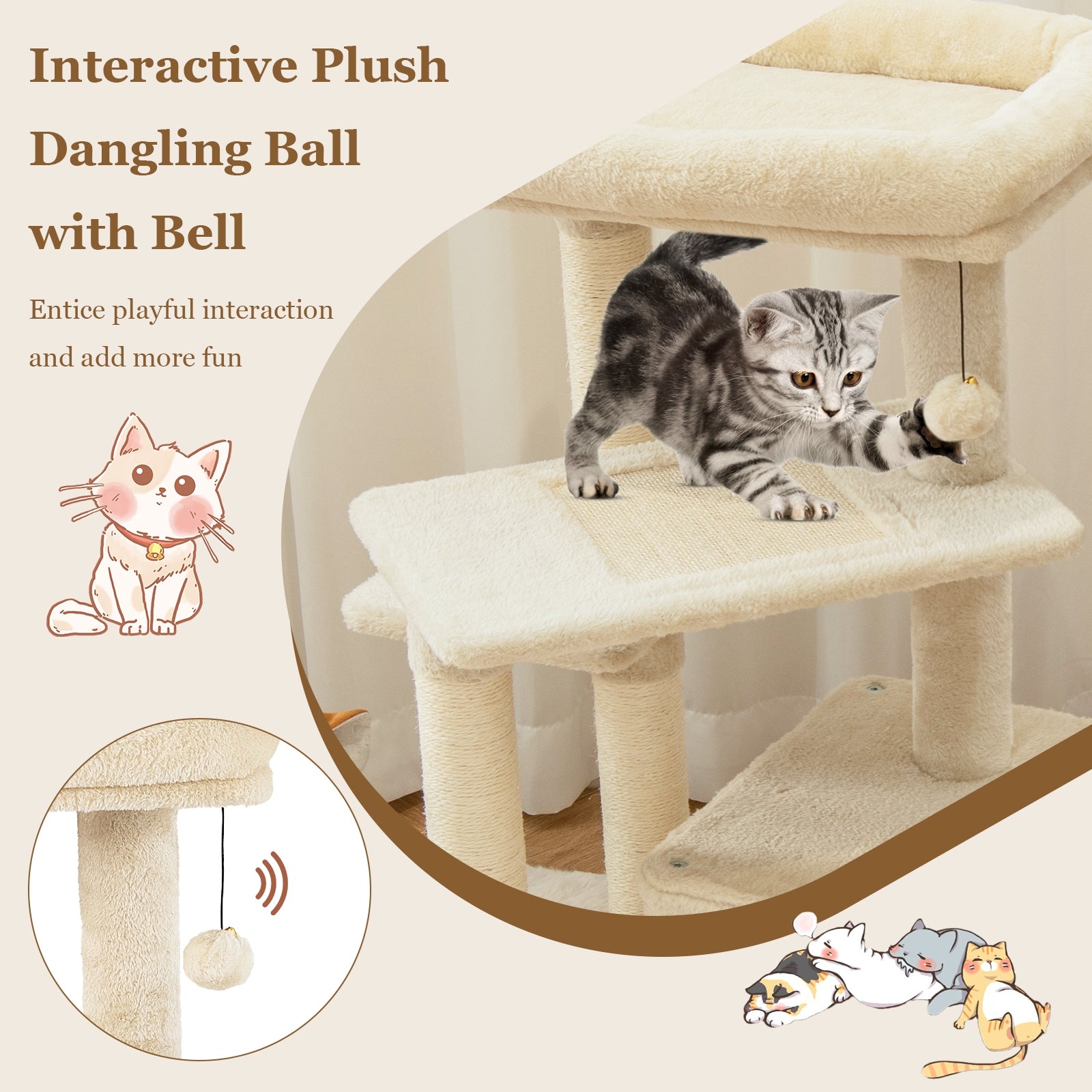 Multi-layer Cat Tree with Perch and Hanging Ball, Beige Cat Trees Condos & Scratchers   at Gallery Canada