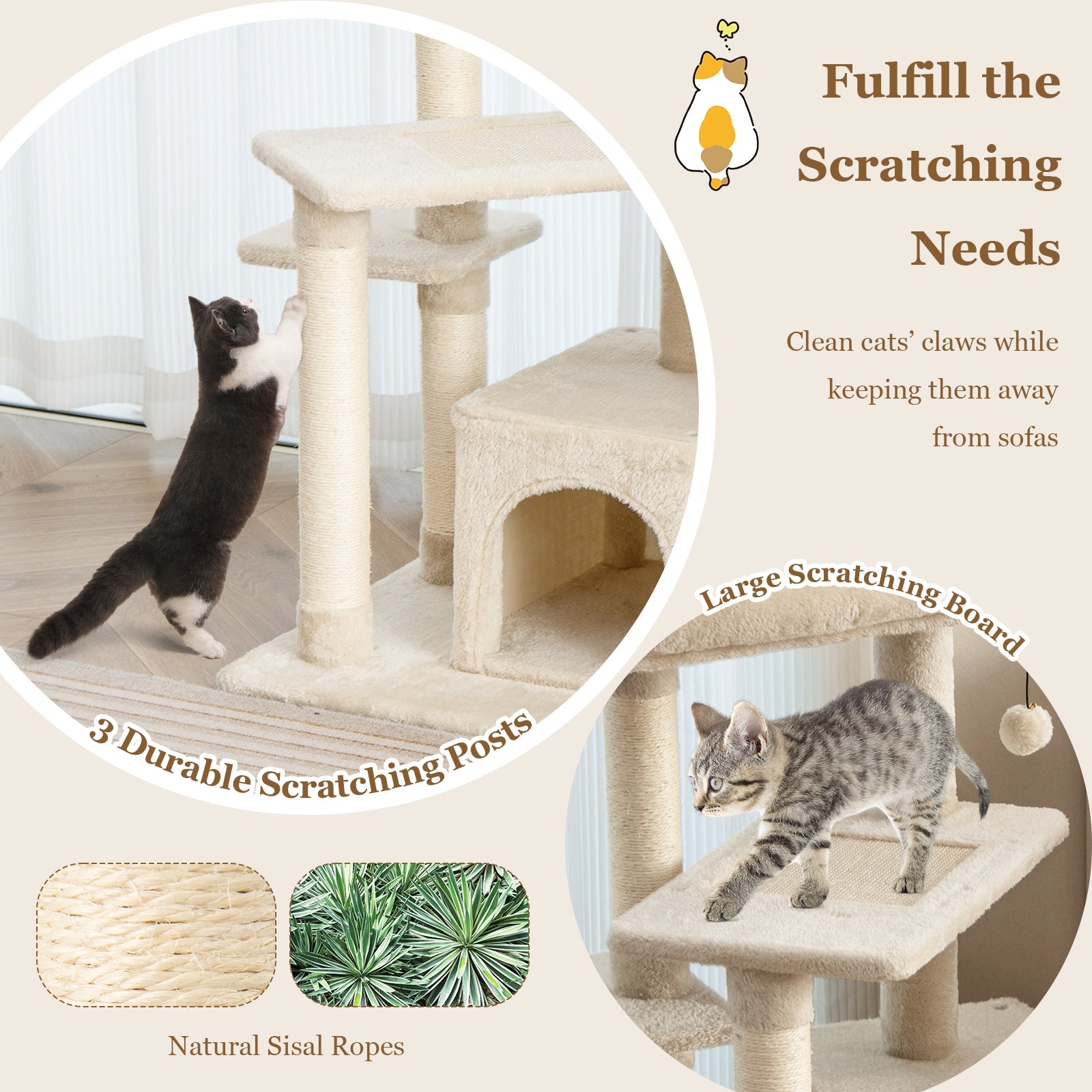 Multi-layer Cat Tree with Perch and Hanging Ball, Beige Cat Trees Condos & Scratchers   at Gallery Canada