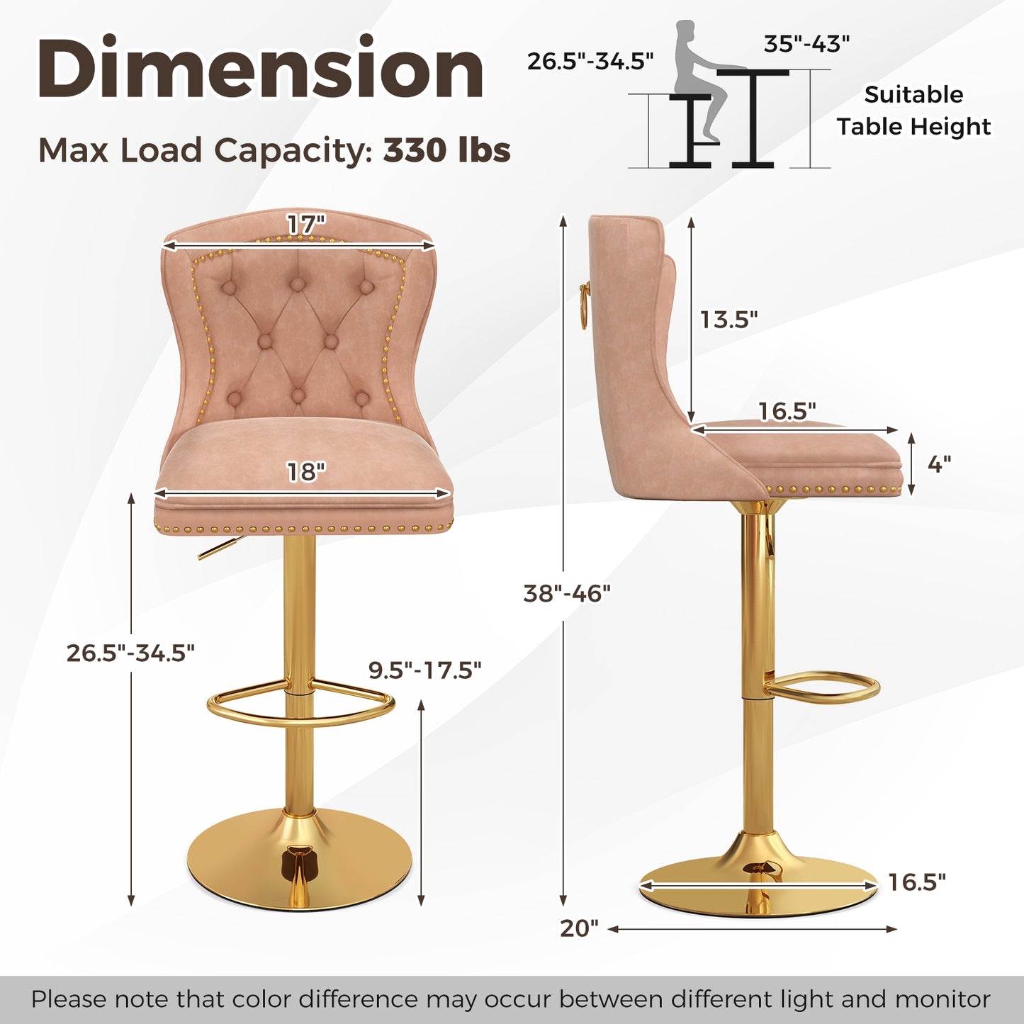 Set of 2 Bar Chairs with Footrest  Electroplated Metal Base and Anti-Slip Ring, Pink Bar Stools   at Gallery Canada