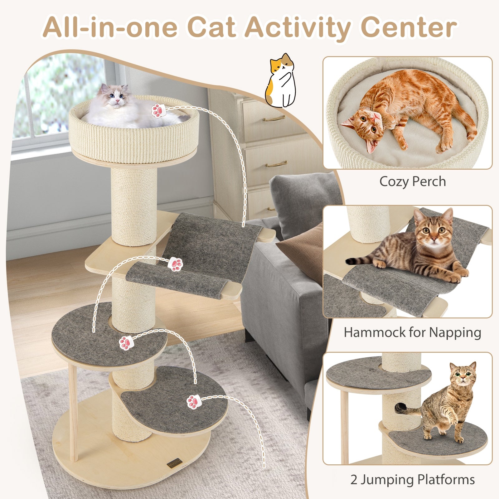 47 Inches Cat Tree for Indoor Cats with Thickened Sisal Scratching Posts, Gray Cat Trees Condos & Scratchers   at Gallery Canada