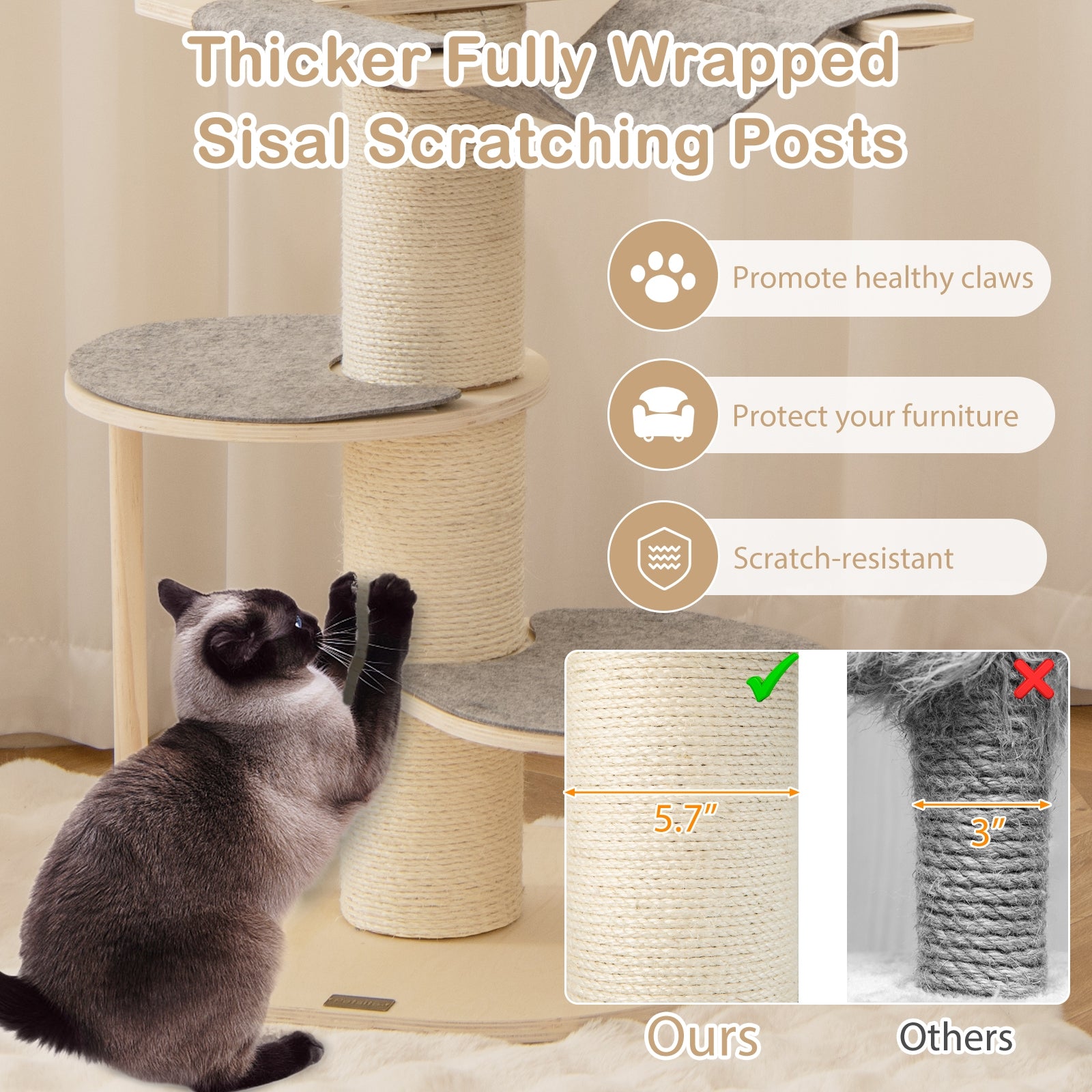 47 Inches Cat Tree for Indoor Cats with Thickened Sisal Scratching Posts, Gray Cat Trees Condos & Scratchers   at Gallery Canada