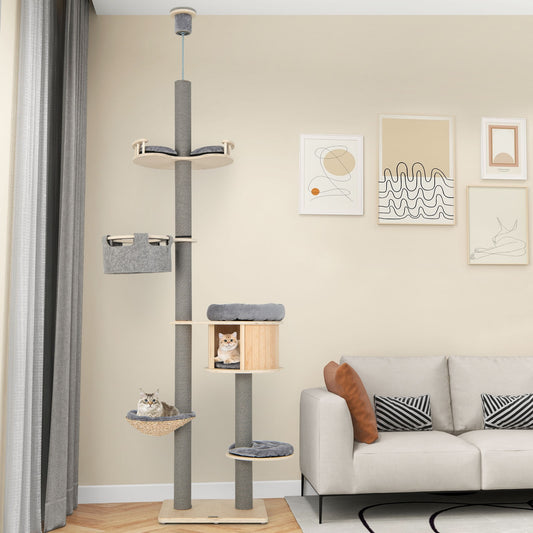 6-tier Floor-to-Ceiling Cat Tree 100-110 Inches Adjustable Height, Natural Cat Trees Condos & Scratchers Natural  at Gallery Canada