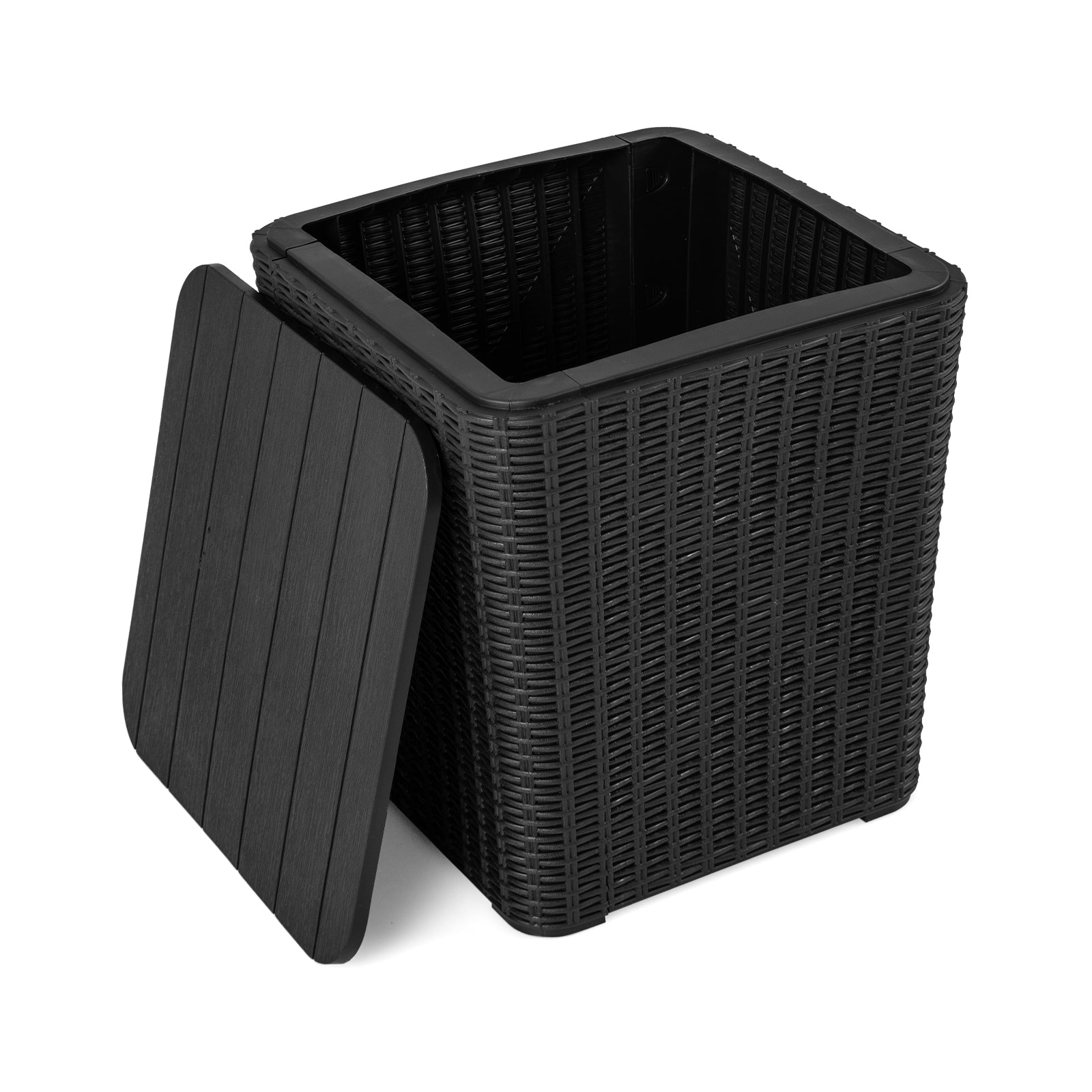Outdoor Resin Storage Side Table with Removable Lid and Wicker-woven Accent, Black - Gallery Canada
