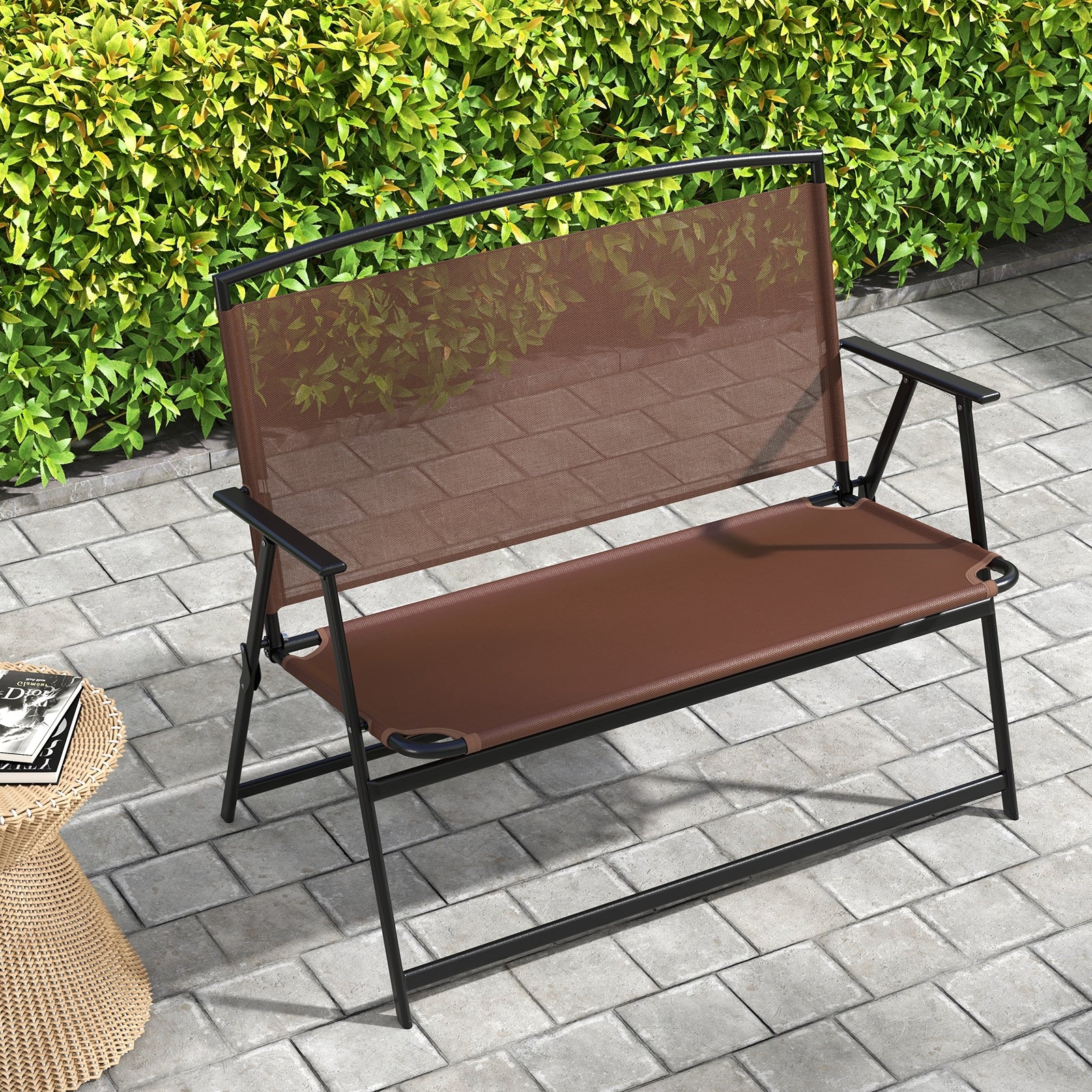 Folding Outdoor Garden Bench 2-Person Patio Bench with Backrest and Armrests, Brown Outdoor Benches   at Gallery Canada