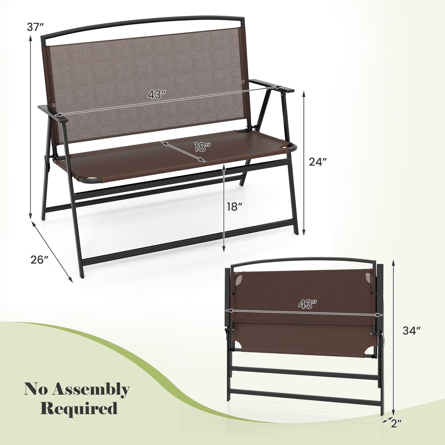 Folding Outdoor Garden Bench 2-Person Patio Bench with Backrest and Armrests, Brown Outdoor Benches   at Gallery Canada