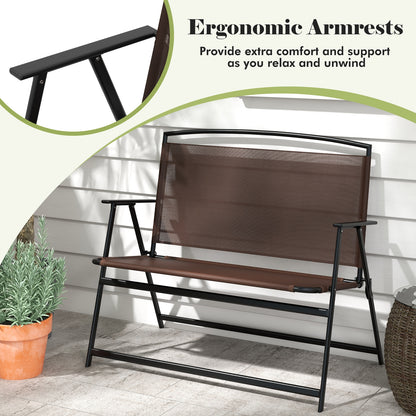 Folding Outdoor Garden Bench 2-Person Patio Bench with Backrest and Armrests, Brown Outdoor Benches   at Gallery Canada