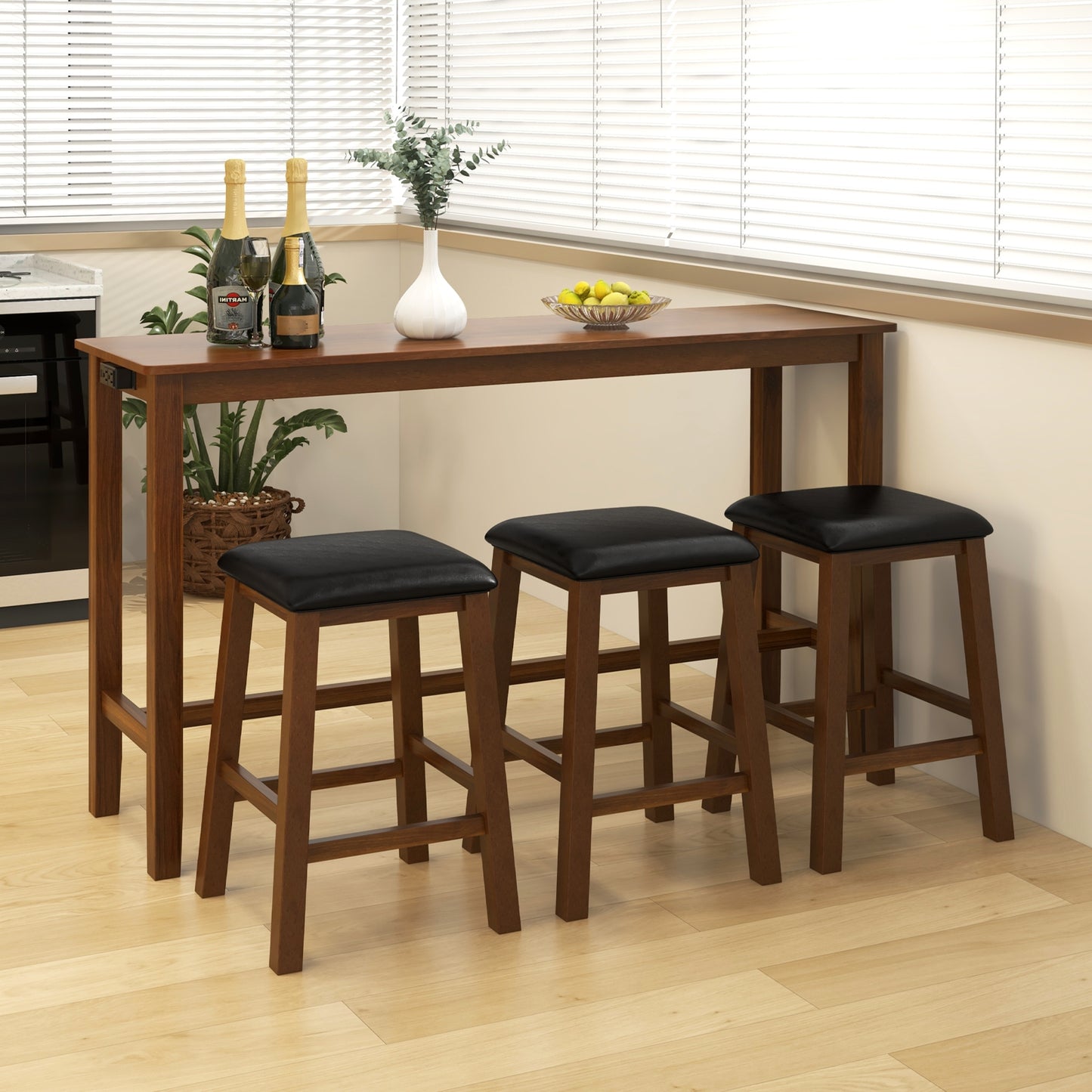 4-Piece Bar Table Set Counter-Height Table and 3 PVC Leather Upholstered Bar Stools, Brown Dining Room Sets   at Gallery Canada