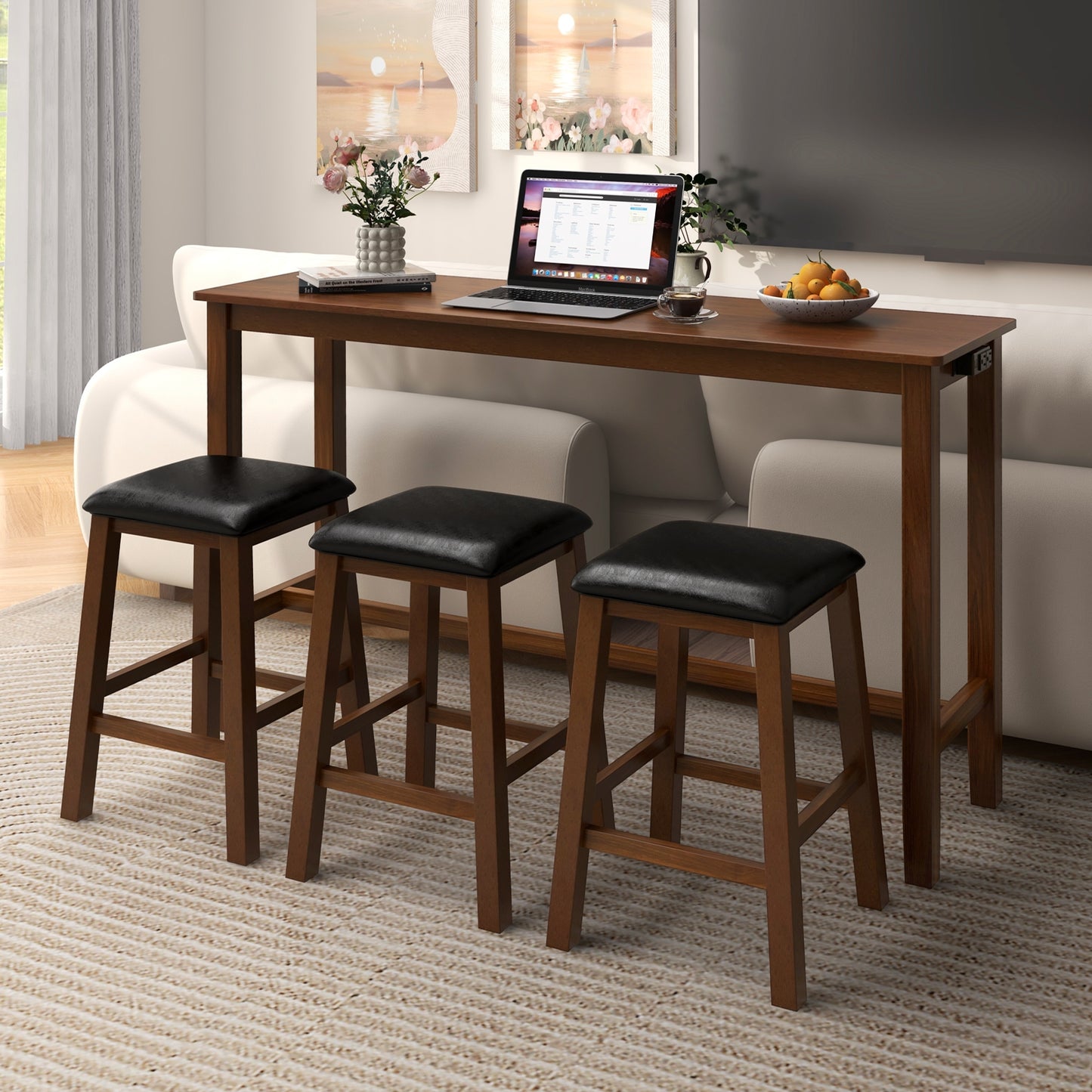 4-Piece Bar Table Set Counter-Height Table and 3 PVC Leather Upholstered Bar Stools, Brown Dining Room Sets   at Gallery Canada