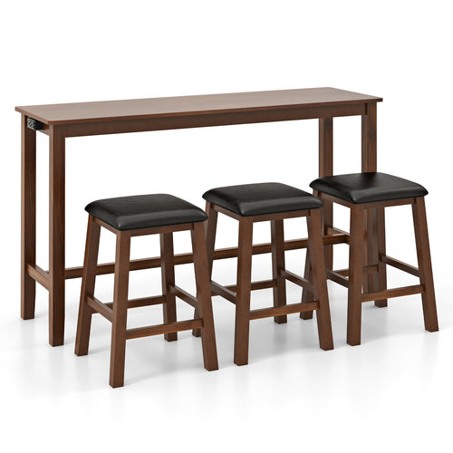 4-Piece Bar Table Set Counter-Height Table and 3 PVC Leather Upholstered Bar Stools, Brown