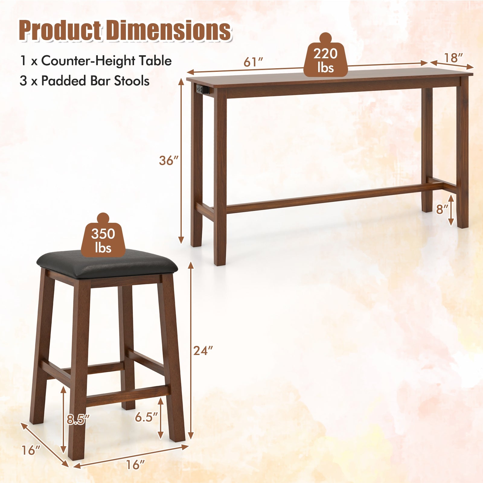 4-Piece Bar Table Set Counter-Height Table and 3 PVC Leather Upholstered Bar Stools, Brown Dining Room Sets   at Gallery Canada