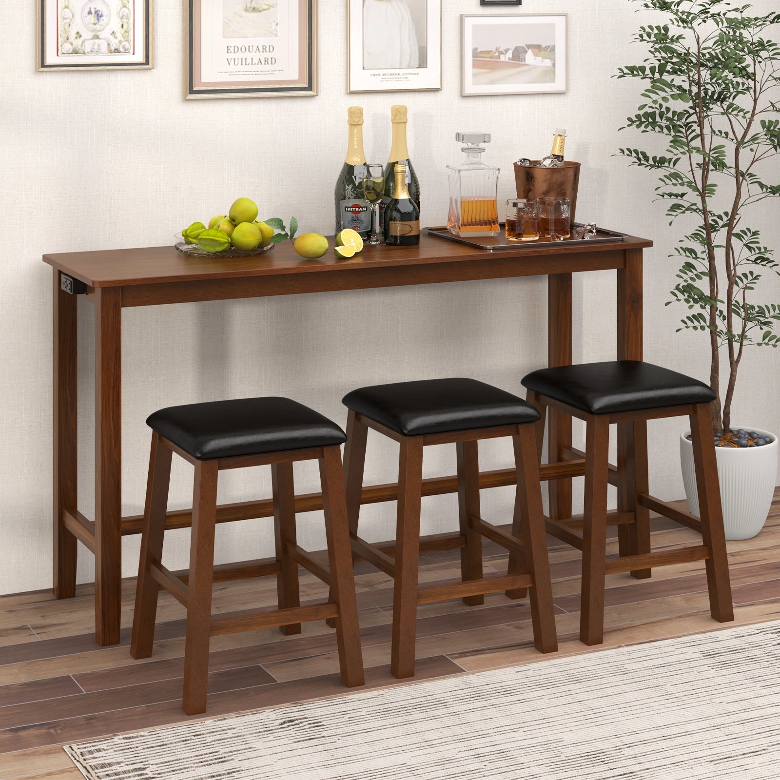 4-Piece Bar Table Set Counter-Height Table and 3 PVC Leather Upholstered Bar Stools, Brown Dining Room Sets   at Gallery Canada